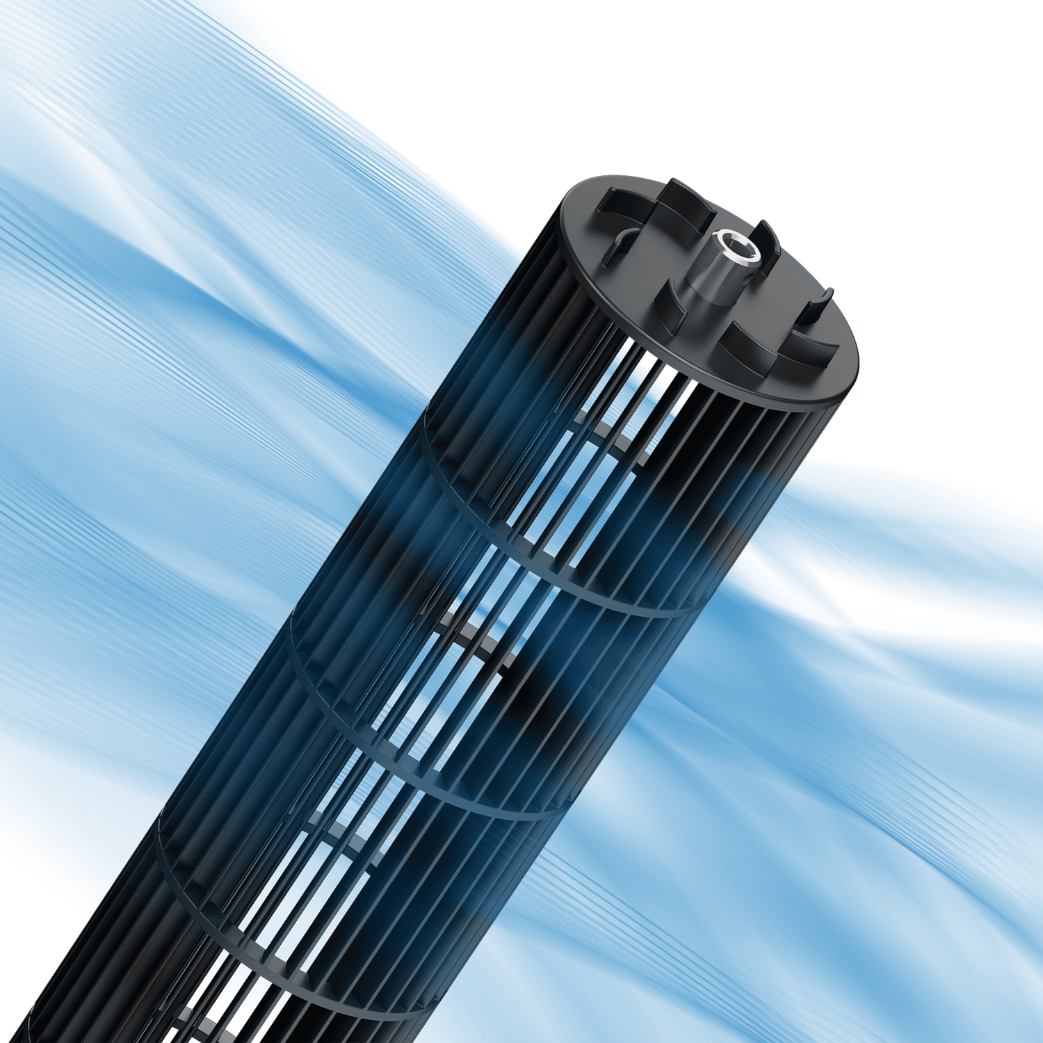Een zwarte ventilator met blauwe accenten op een blauwe achtergrond.