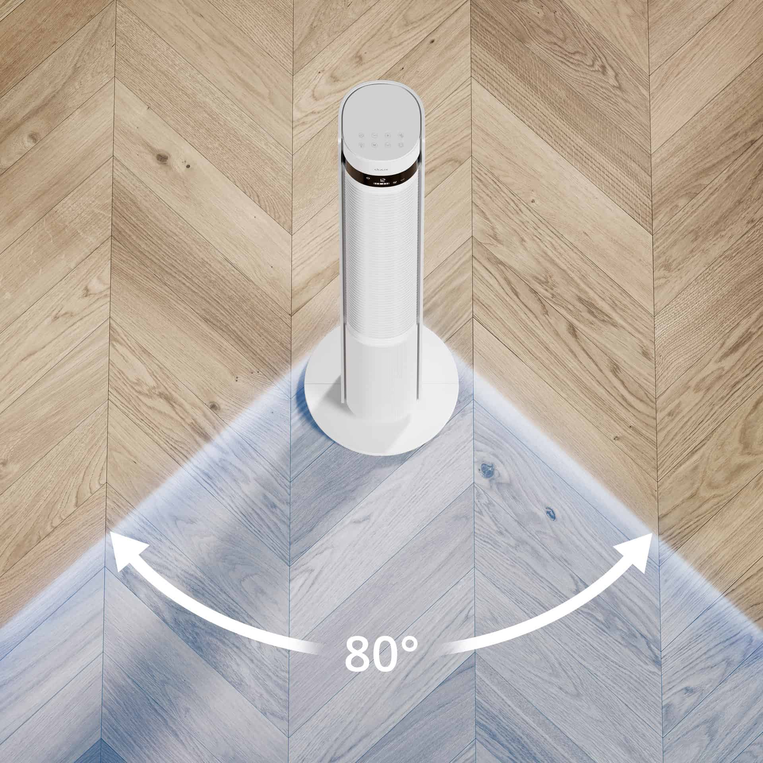 Witte torenventilator op houten vloer, met een hoek van 80 graden aangegeven door pijlen.