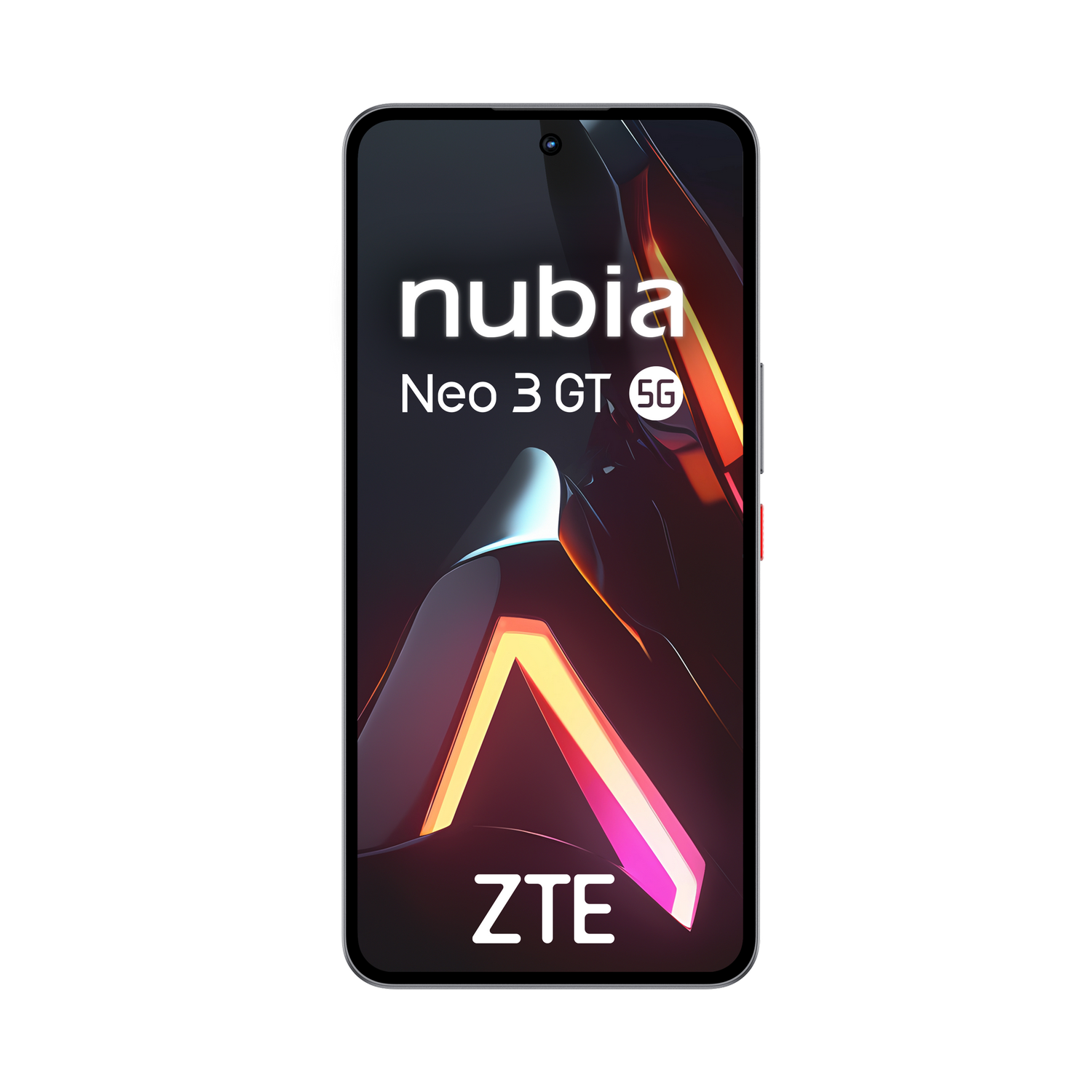 Smartphone con pantalla negra mostrando la palabra 'nubia' y un diseño futurista.