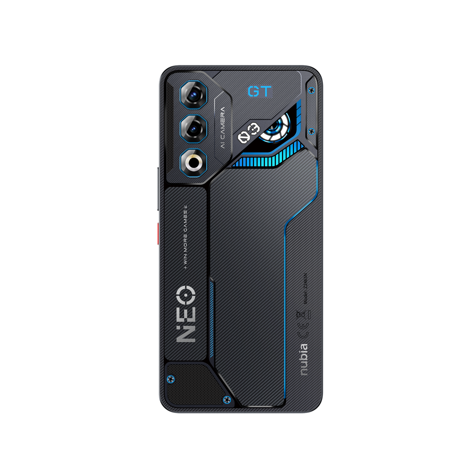 Teléfono Nubia negro con detalles azules, tres cámaras y diseño futurista.