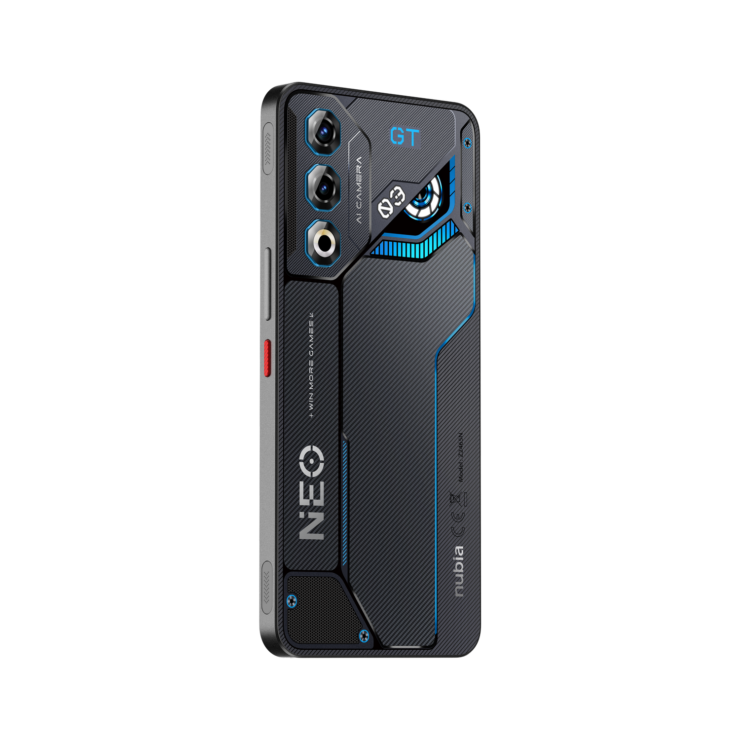 Smartphone negro, gris y azul con diseño futurista, logo NEO.