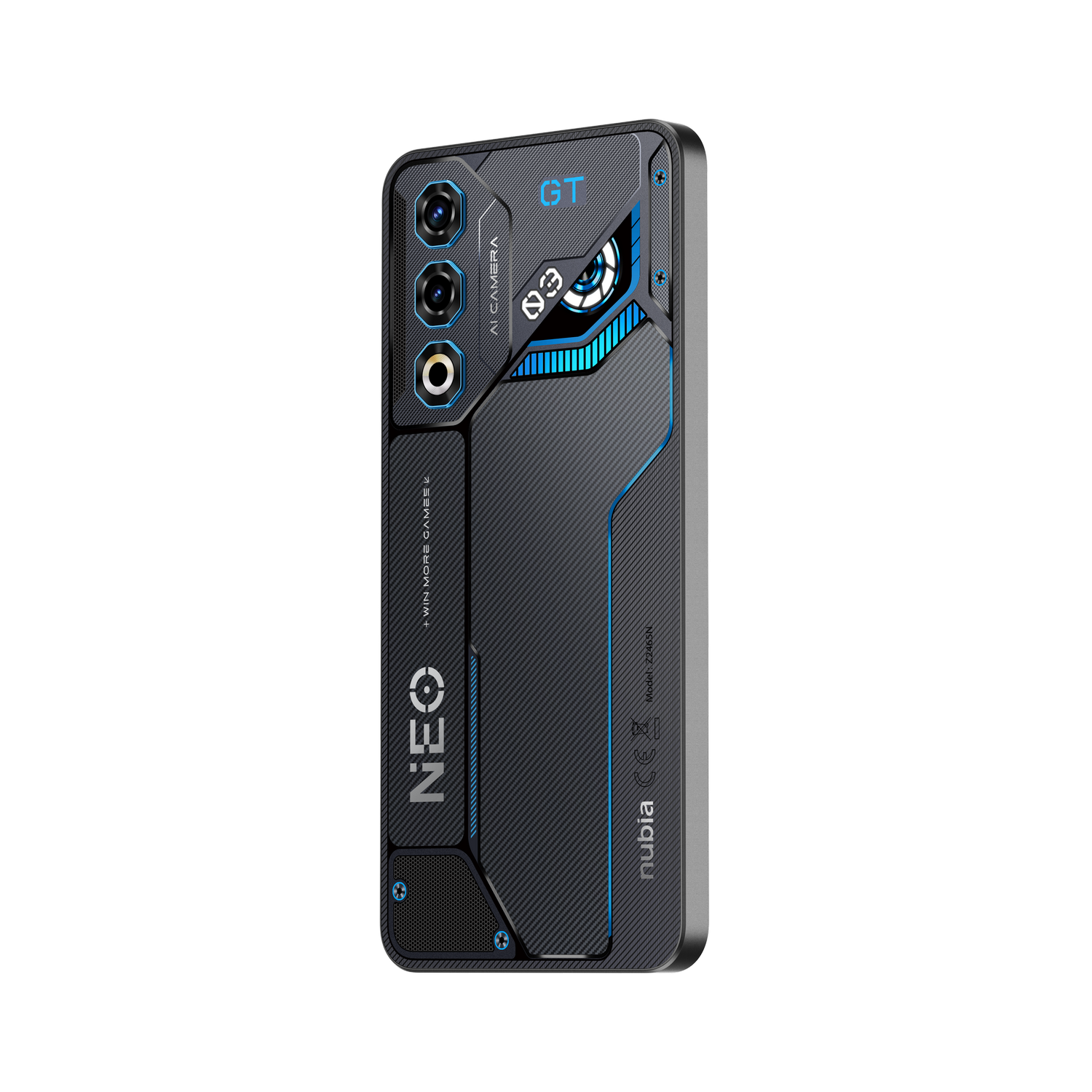 Parte trasera de un smartphone negro con múltiples cámaras y la palabra 'NEO' y diseños tecnológicos.