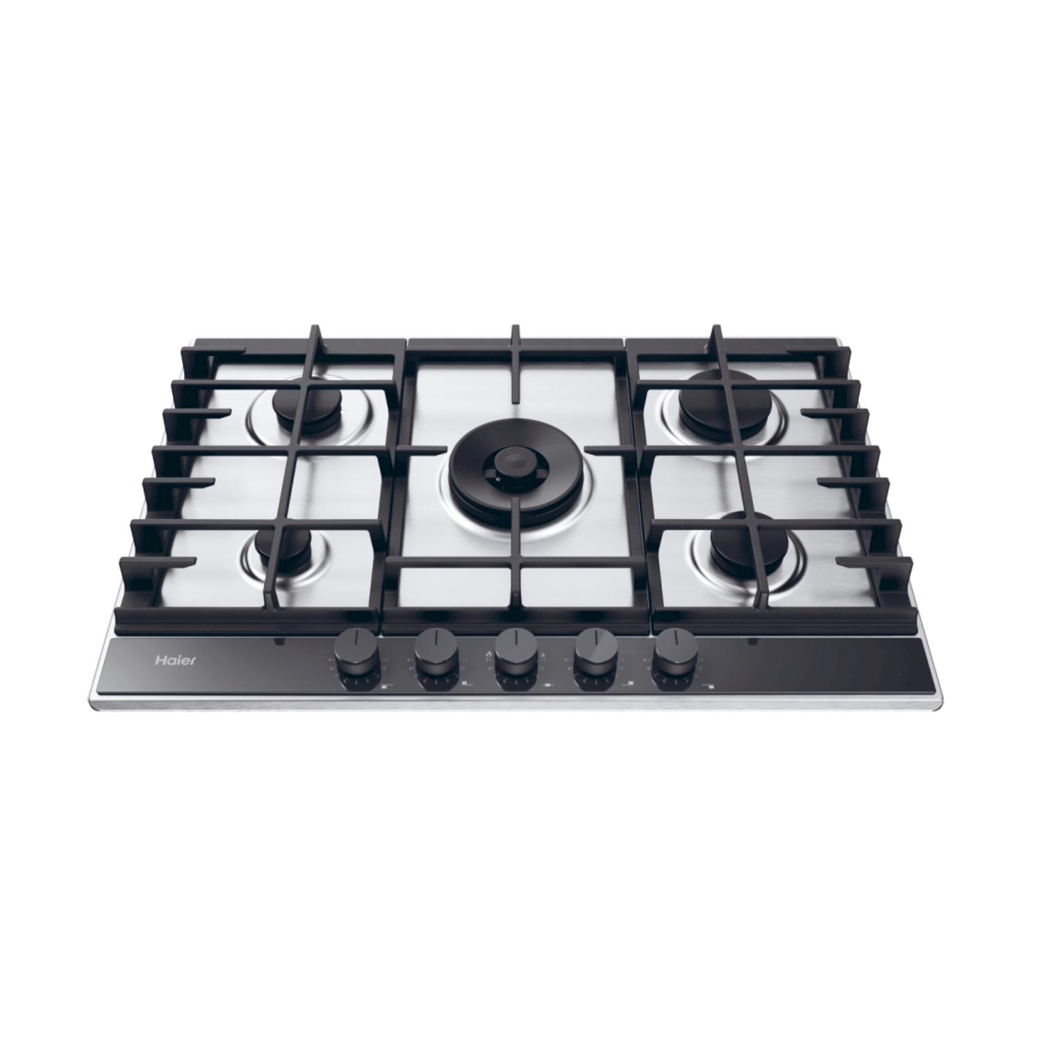 Piano cottura a gas in acciaio inox con cinque fuochi e manopole nere. Logo Haier.