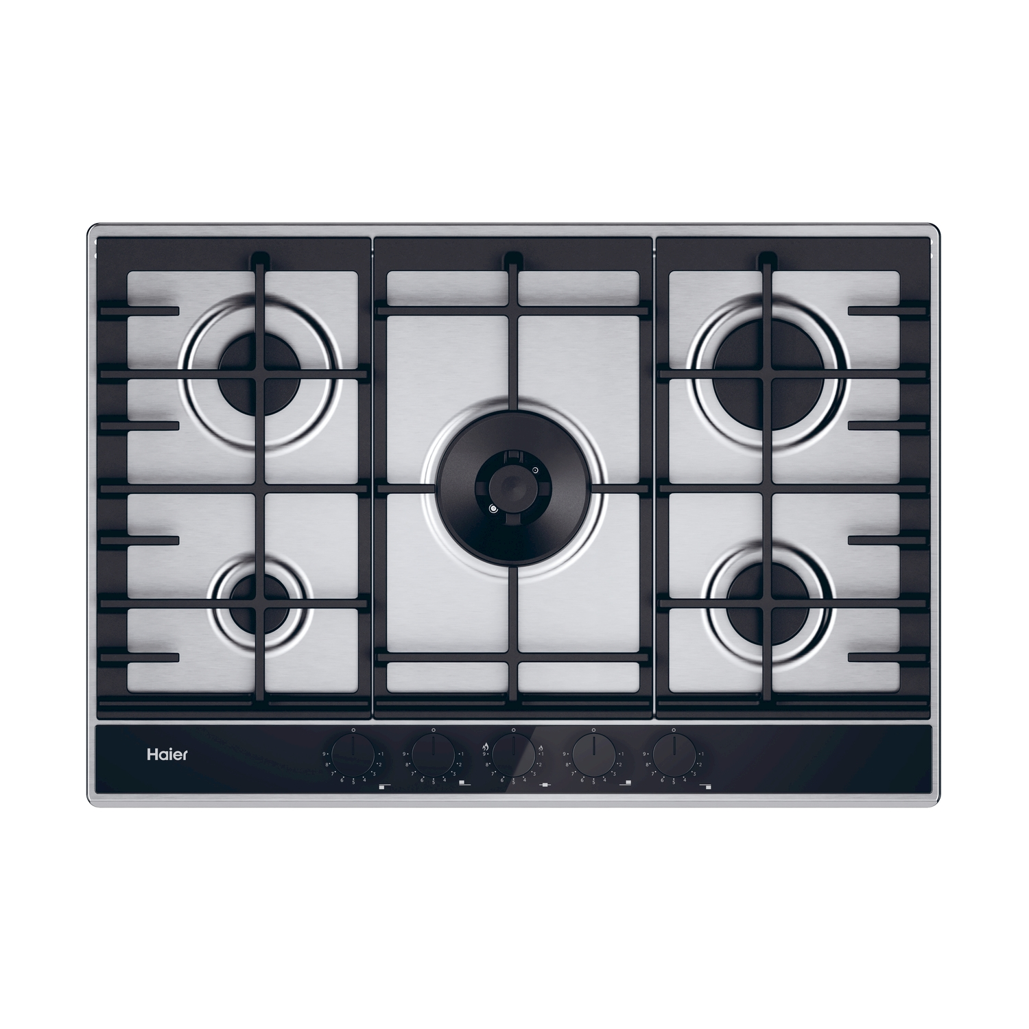 Piano cottura a gas in acciaio inox con sei fuochi, manopole nere e logo Haier.
