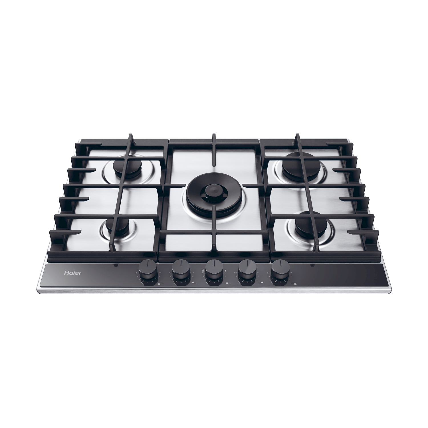 Piano cottura a gas in acciaio inox con cinque fuochi e manopole nere. Logo Haier.