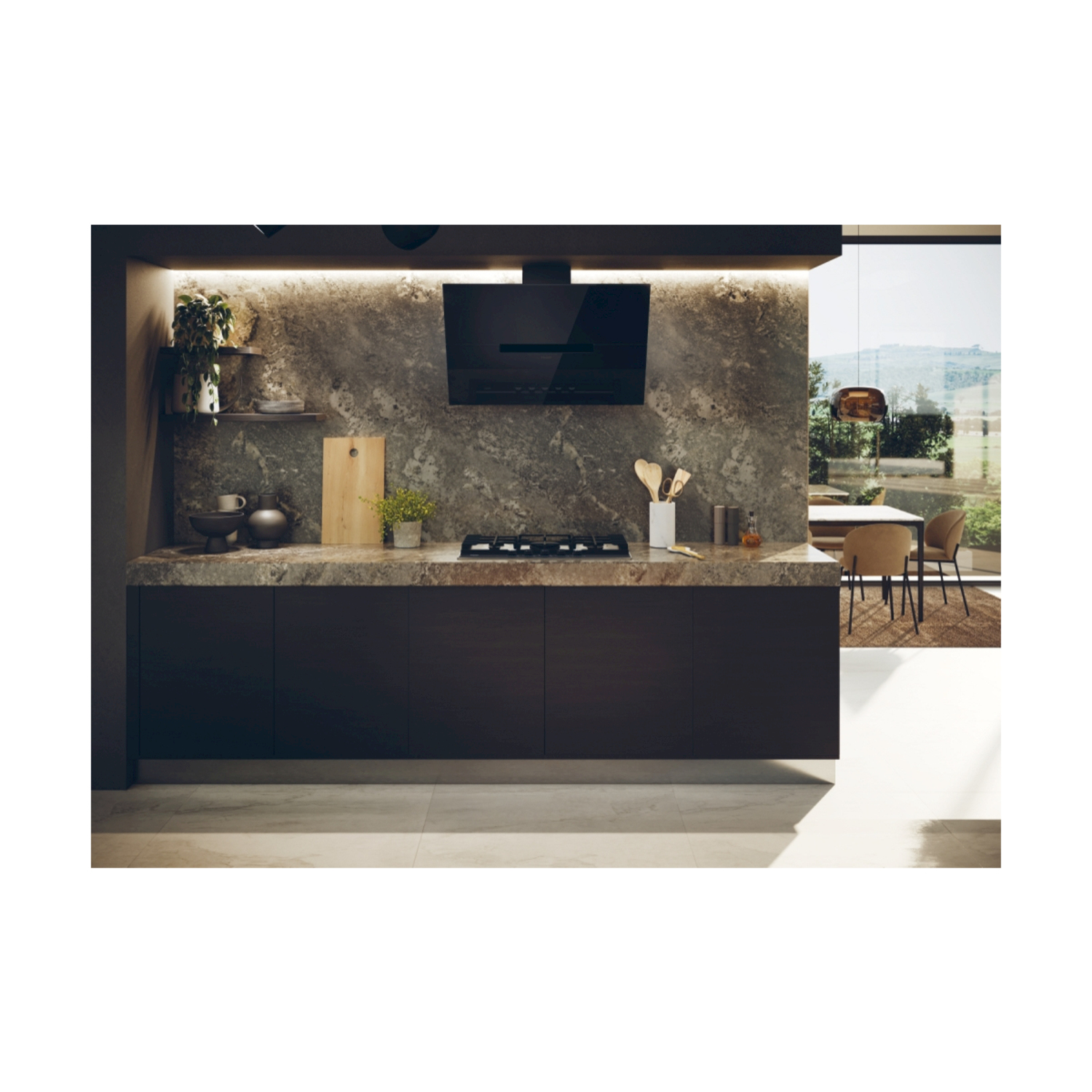 Una moderna cucina con piano cottura a gas, cappa, piano di lavoro e mobili in legno scuro.
