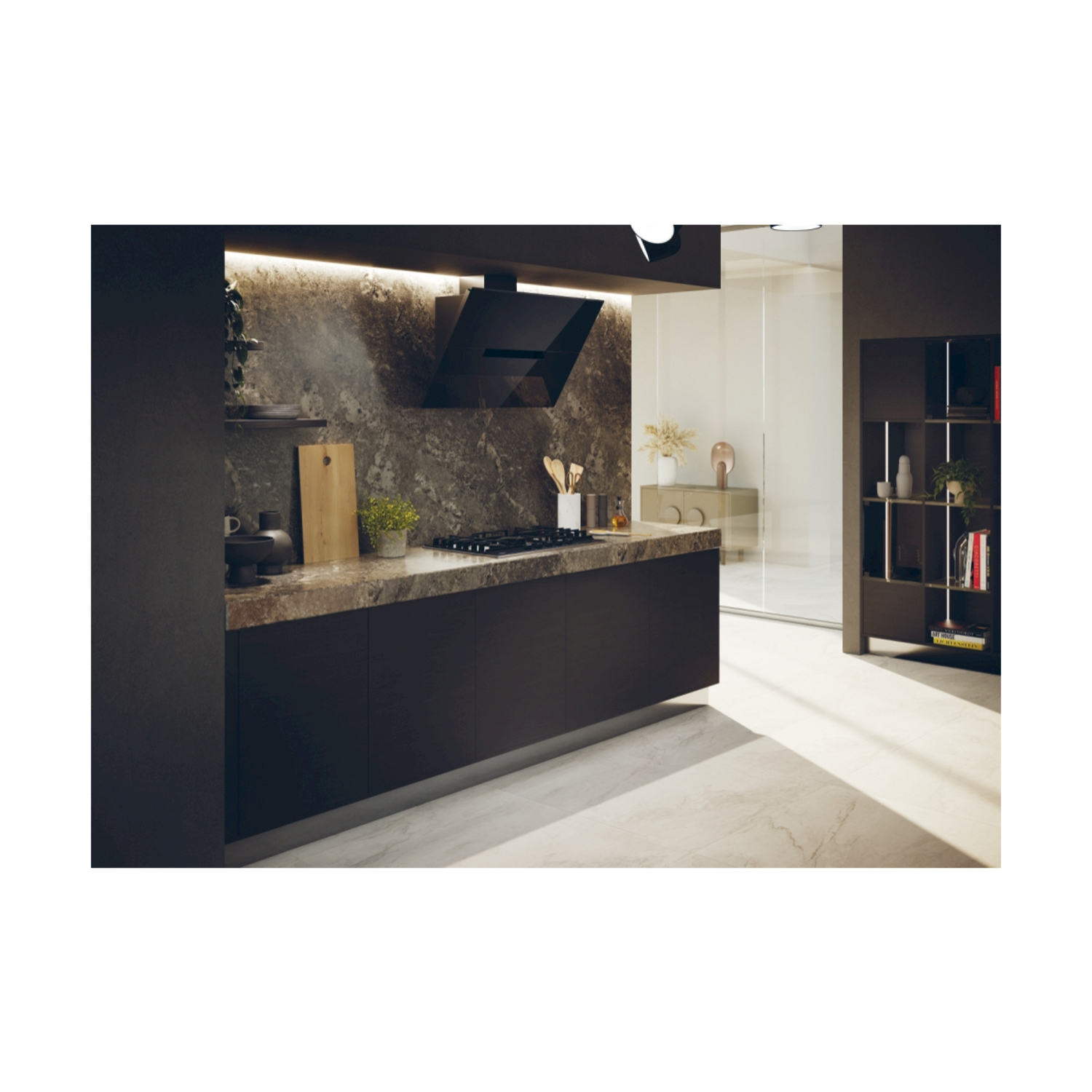 Una moderna cucina con piano cottura, cappa, piano di lavoro, mobili scuri e una mensola.