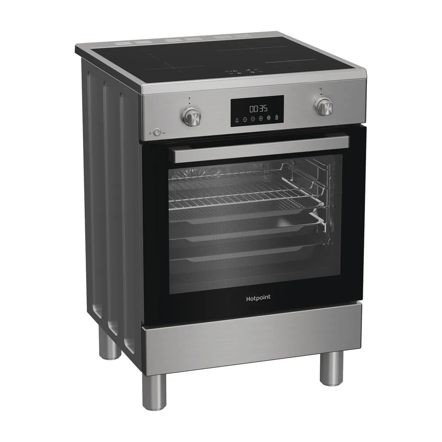 Forno in acciaio inox con porta in vetro nero, display digitale.