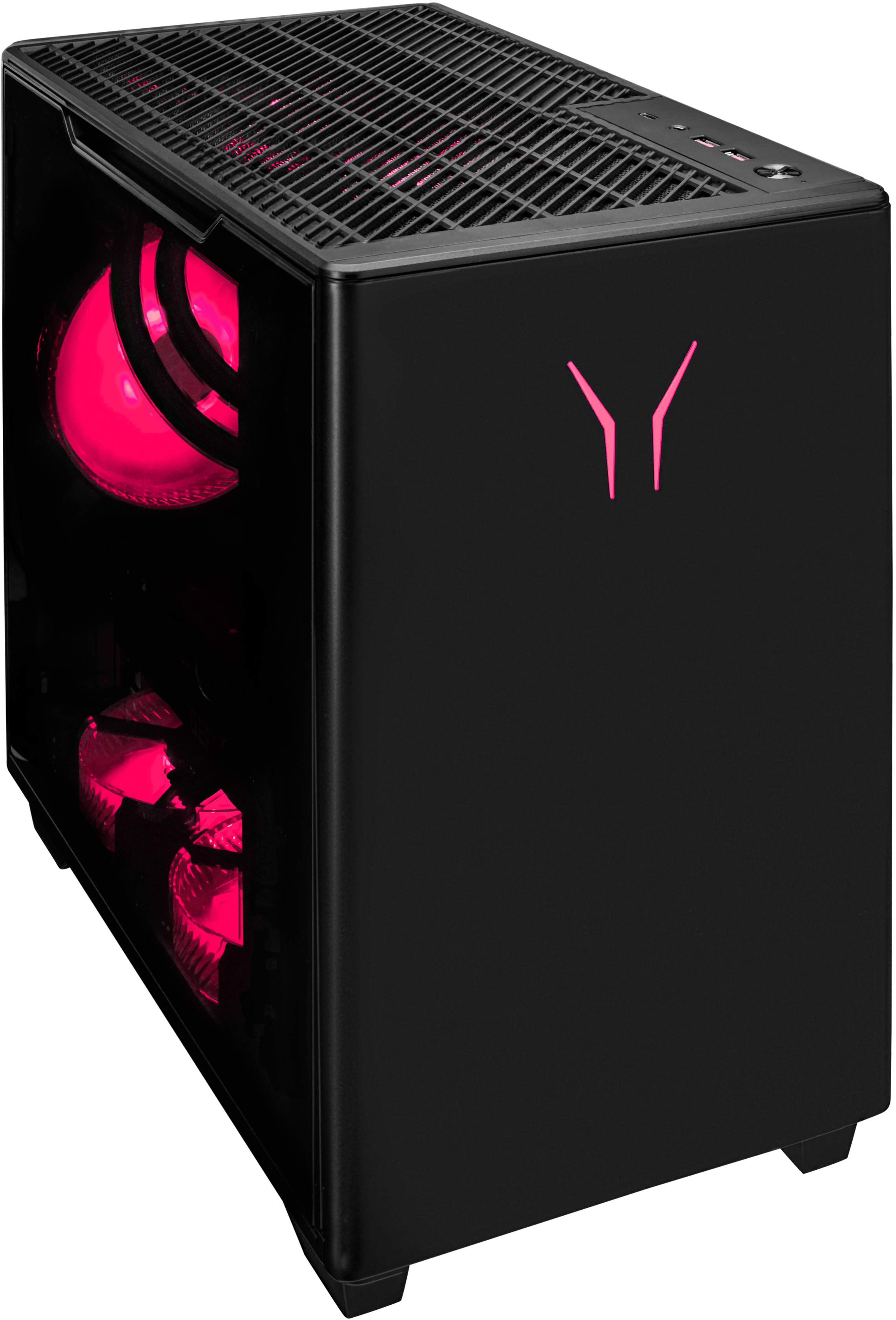 Case per computer nero, lato in vetro, con ventole illuminate di rosa. Il pannello frontale mostra luci rosa.