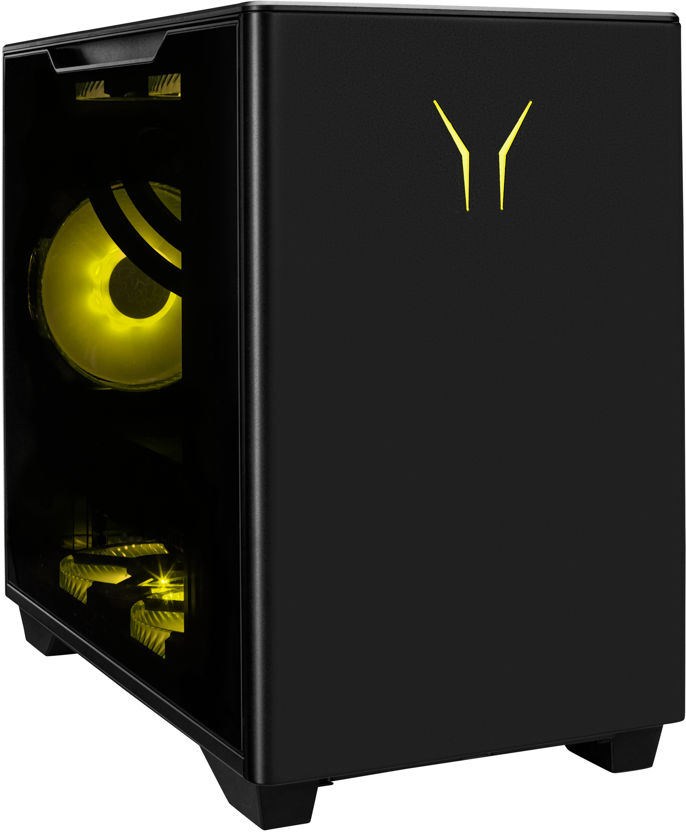Case per computer nero, lato in vetro, con ventole illuminate di giallo. Il pannello frontale mostra luci gialle.