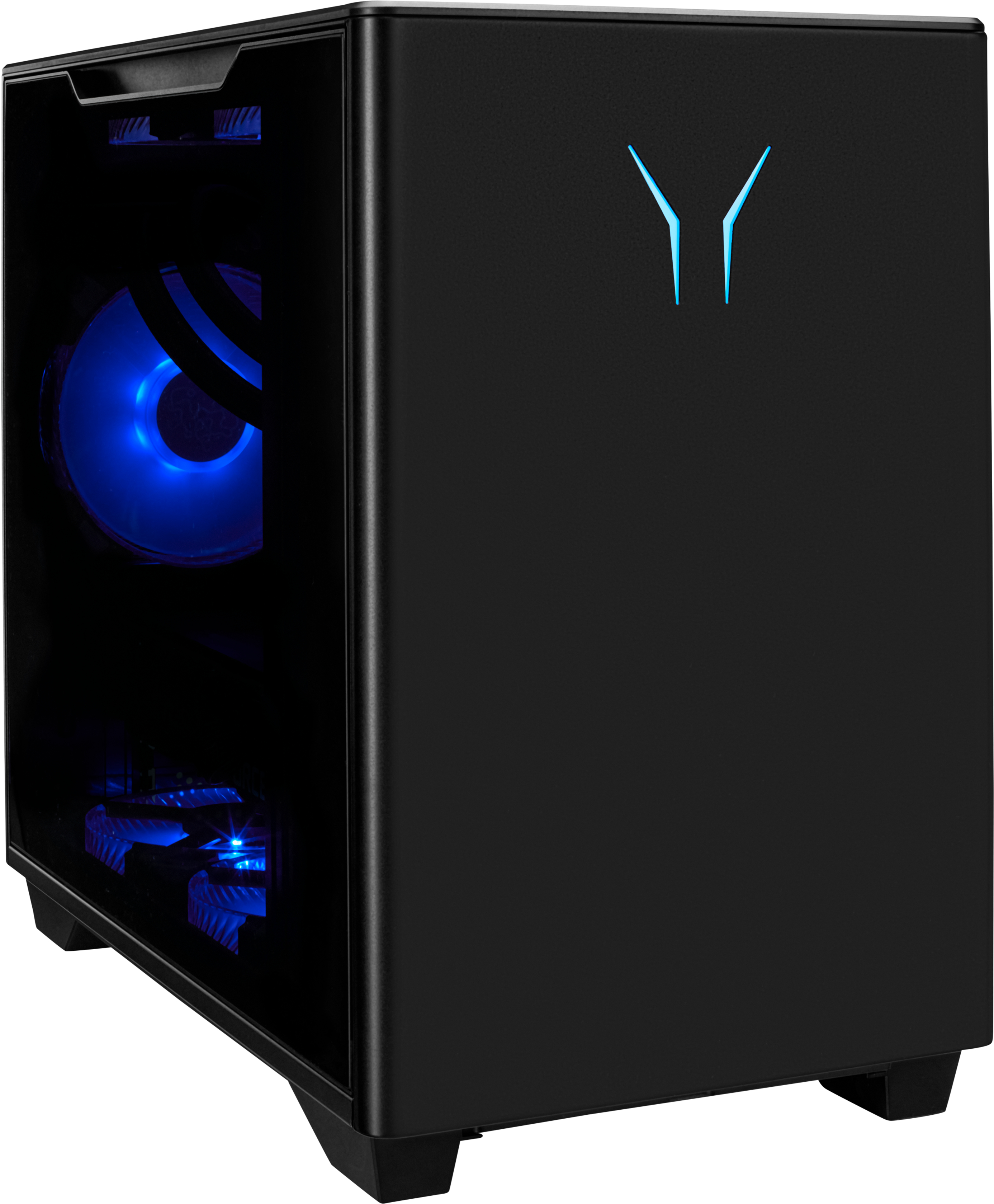 Case per computer nero con un lato in vetro, che mostra luci interne blu.