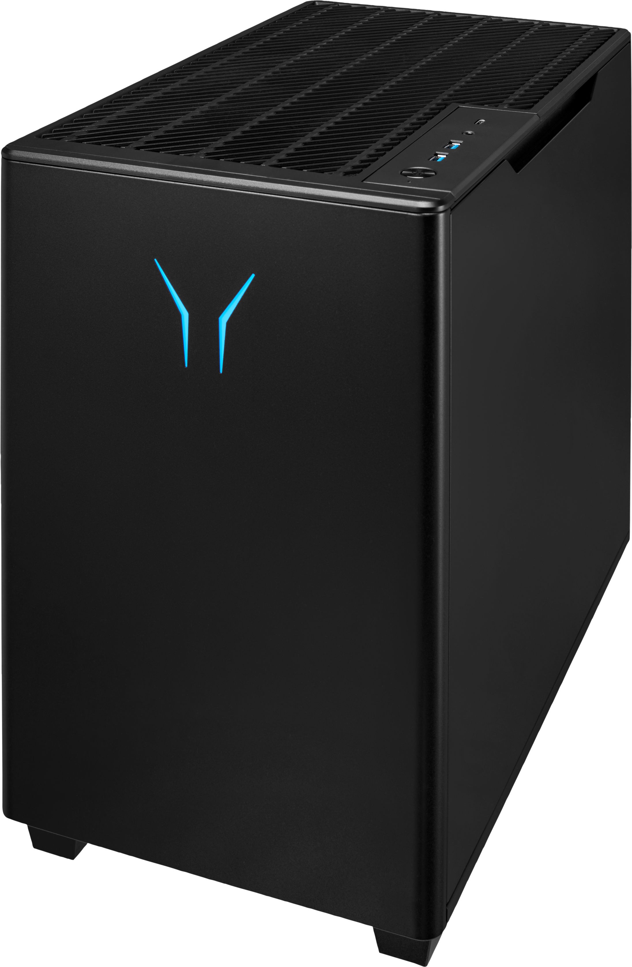 Case per computer nero con logo blu e parte superiore a rete.
