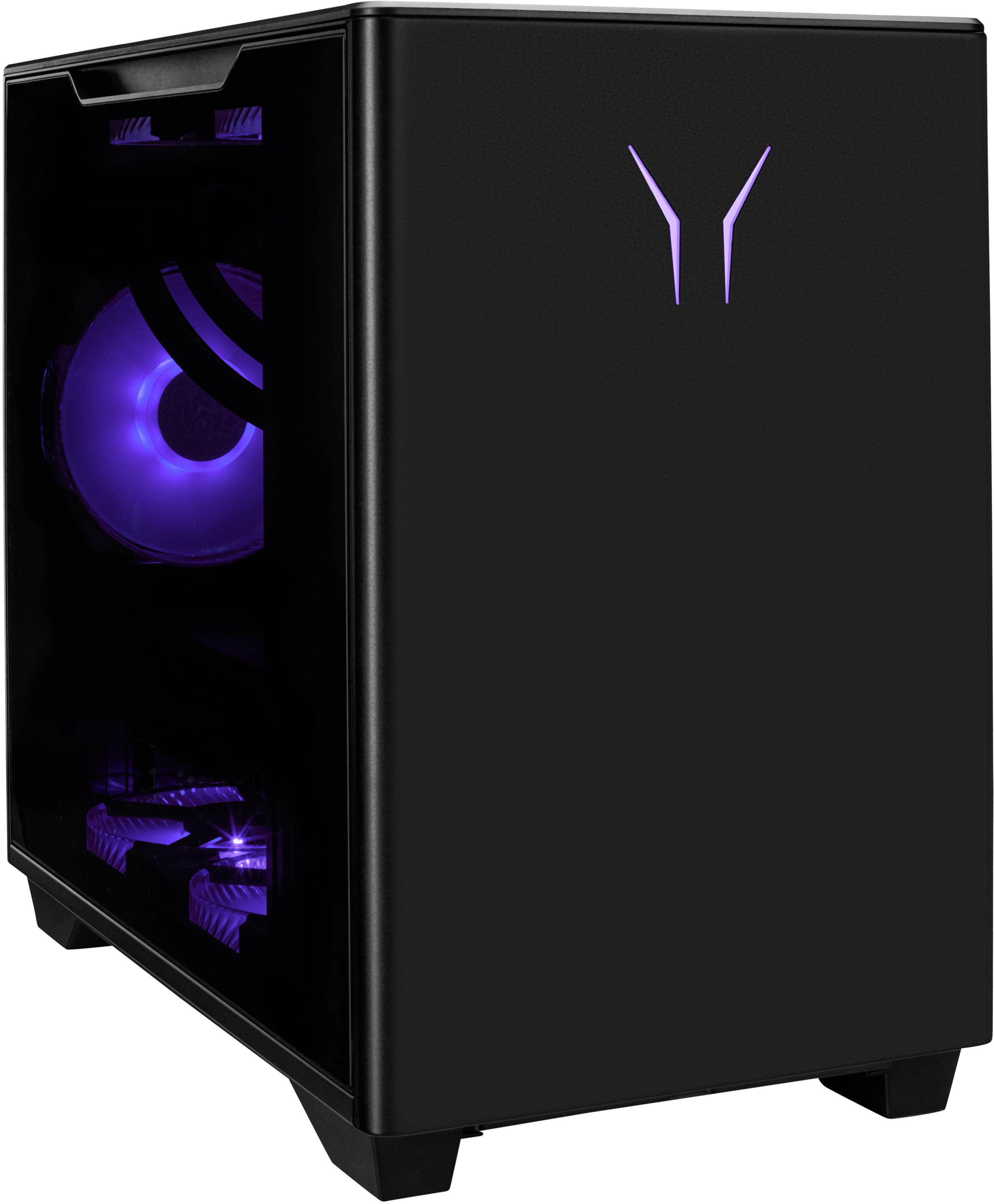 Case per computer nero con luci interne viola e logo.