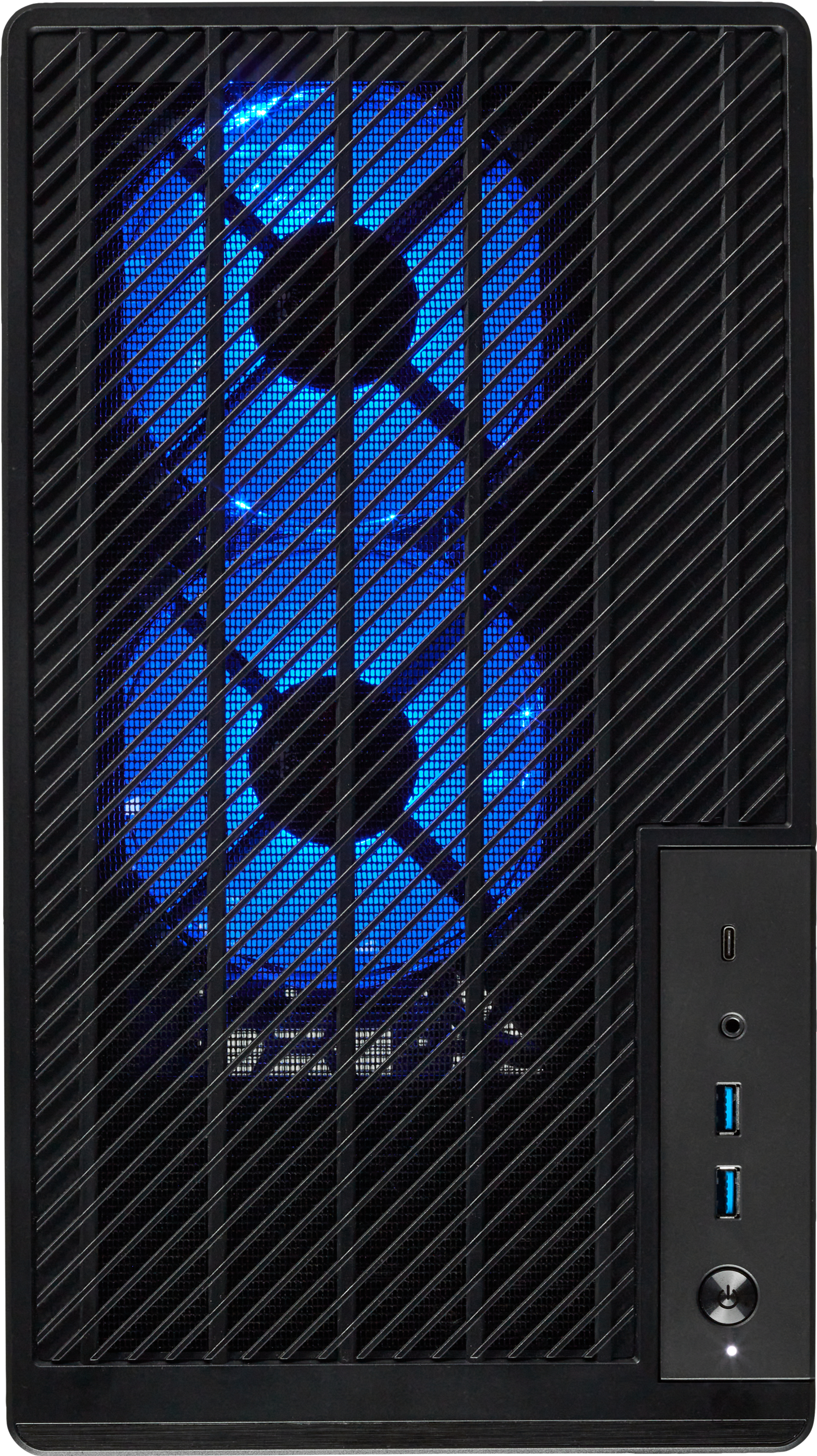 Case PC nero con illuminazione interna blu e griglia anteriore. Il pannello frontale ha porte.