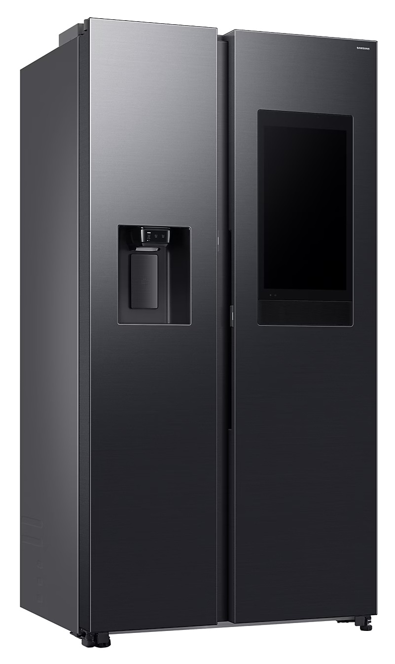 Czarna lodówka Samsung ze stali nierdzewnej z dwiema drzwiami, dozownikiem lodu i ekranem dotykowym.