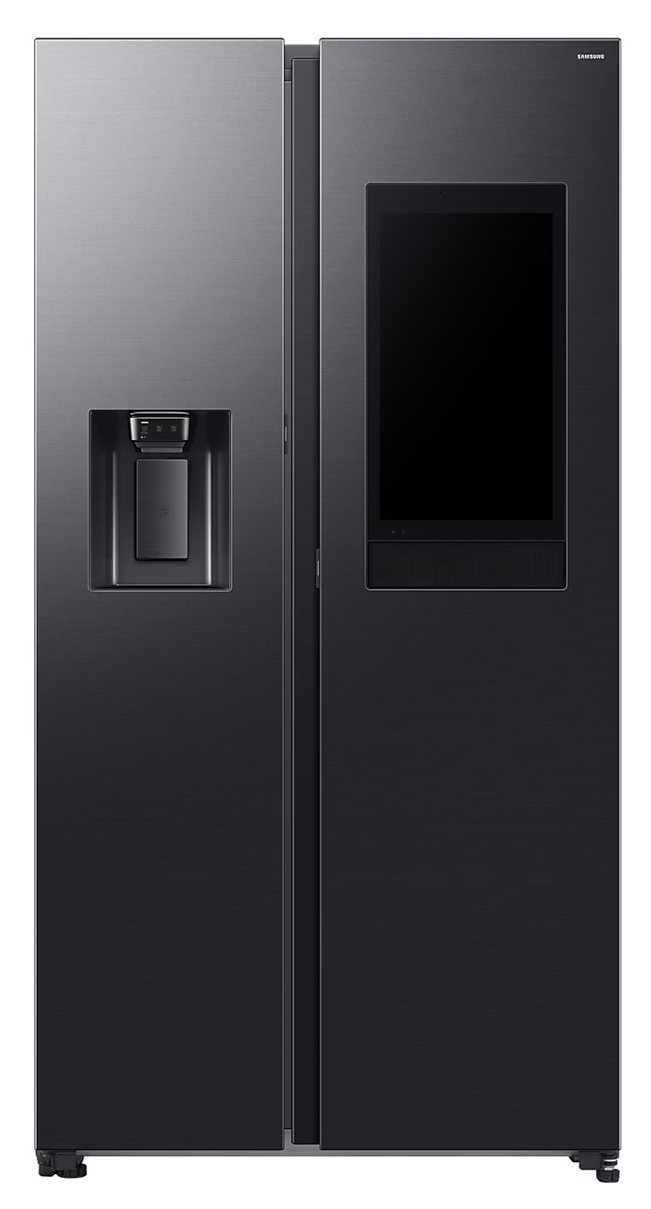 Czarna lodówka Samsung ze stali nierdzewnej z dwiema drzwiami, dozownikiem lodu i ekranem dotykowym.