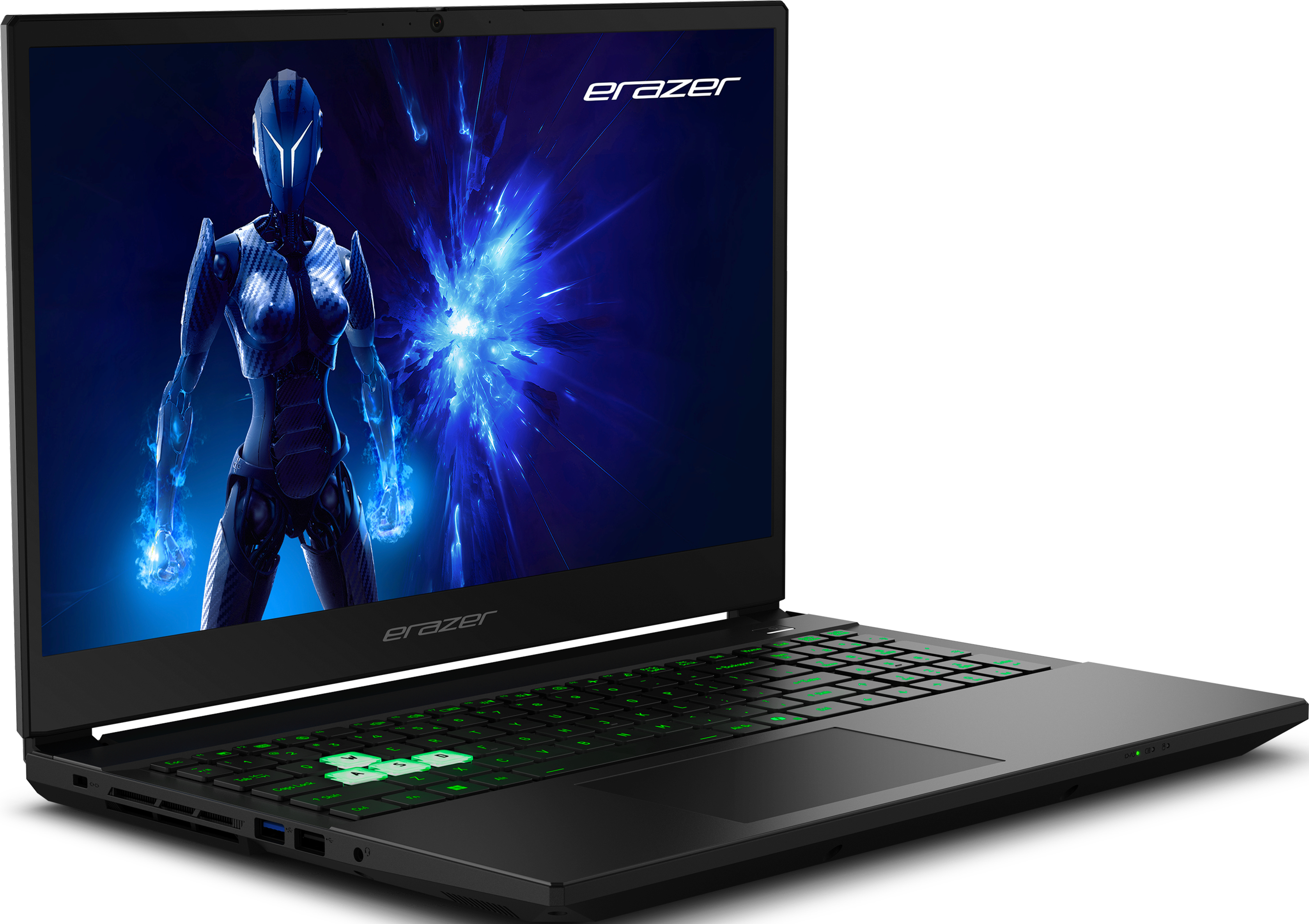 Schwarzer Laptop mit Avatar auf dem Bildschirm. Die Tastatur ist grün und das Logo sichtbar.