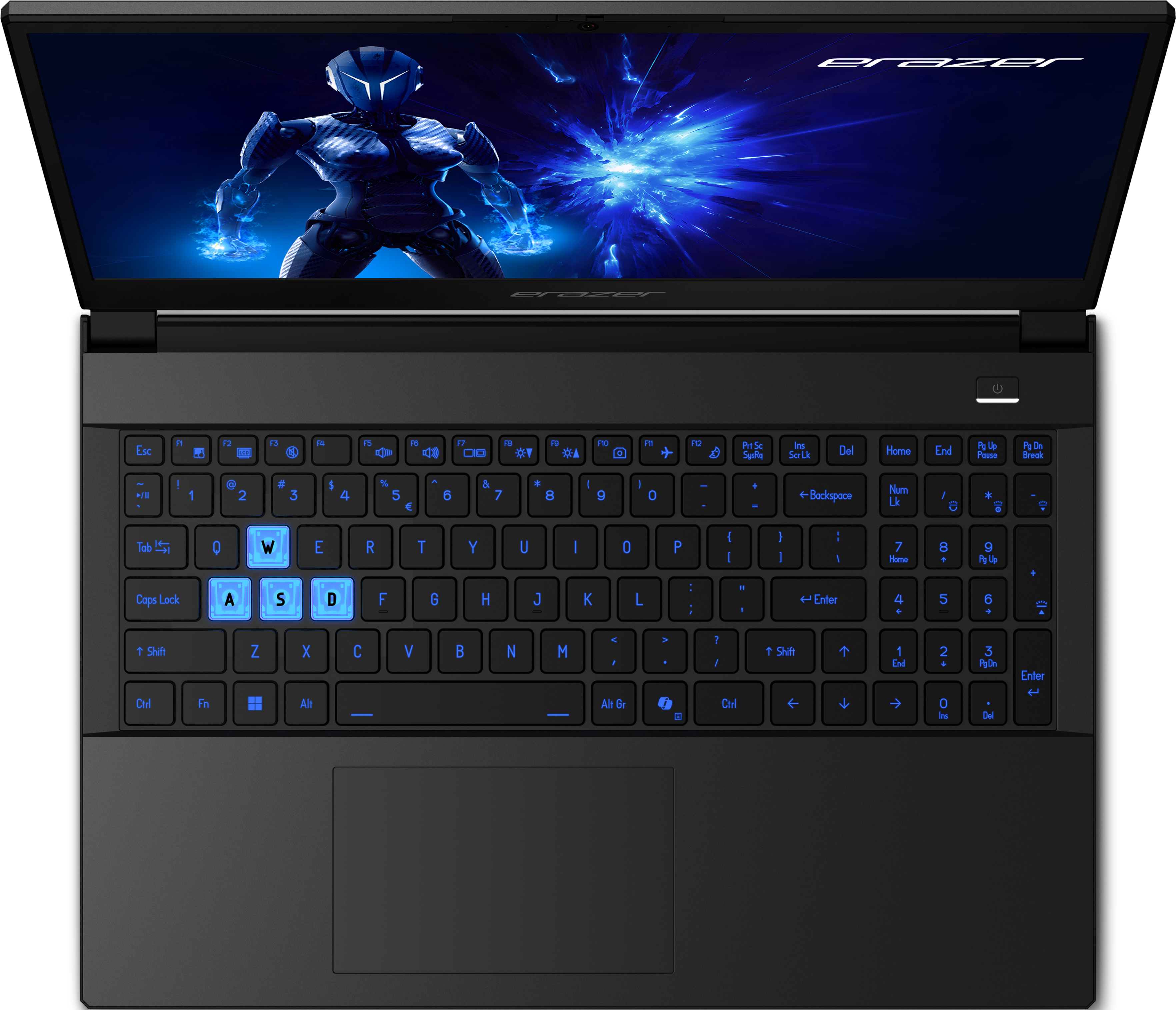 Schwarzer Laptop, offen, mit Tastatur. Blaue Tastenbeleuchtung und Touchpad. Logo sichtbar.