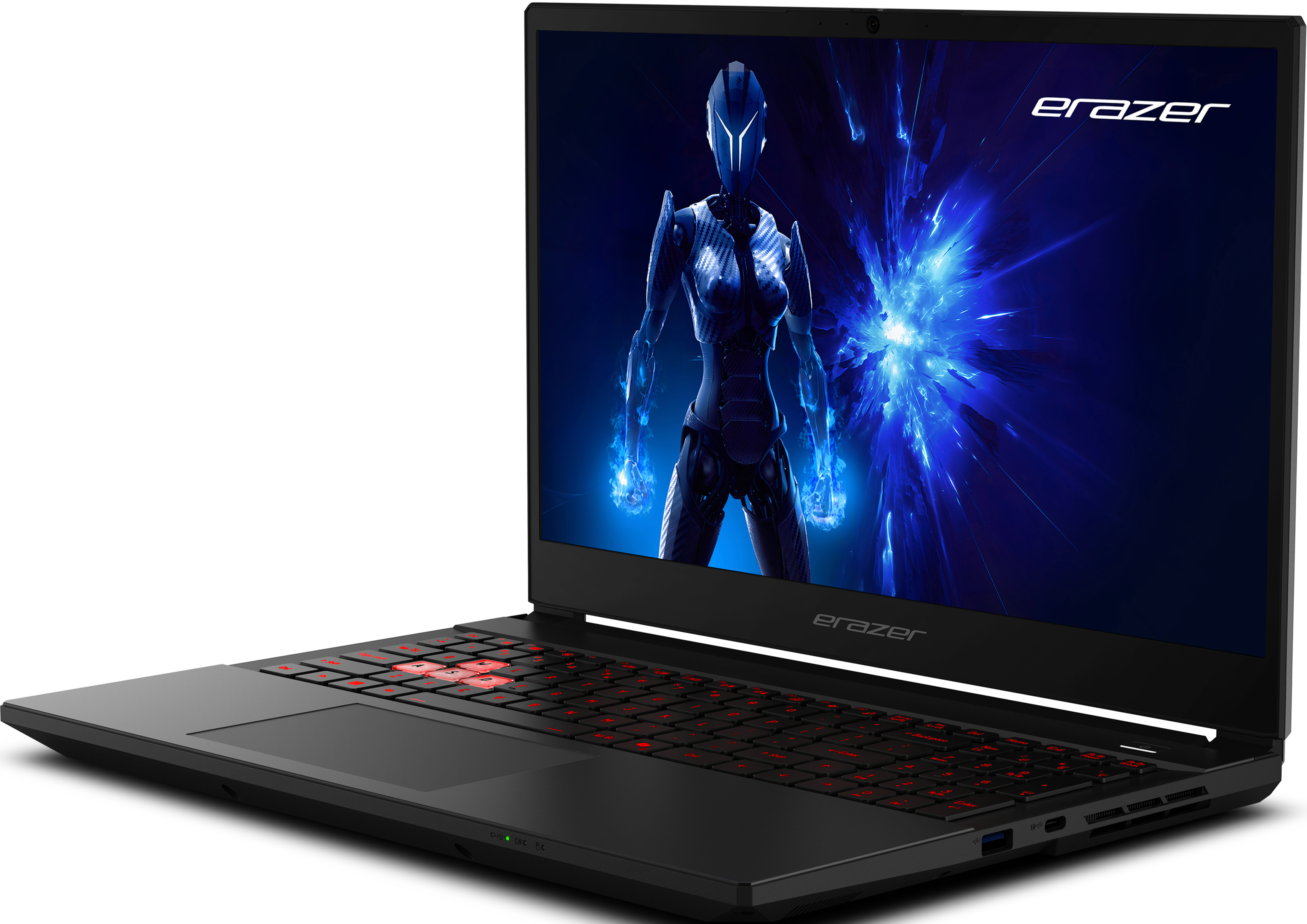 Schwarzer Laptop mit roten beleuchteten Tasten, Bildschirm zeigt eine blaue Figur. Die Marke ist Erazer.