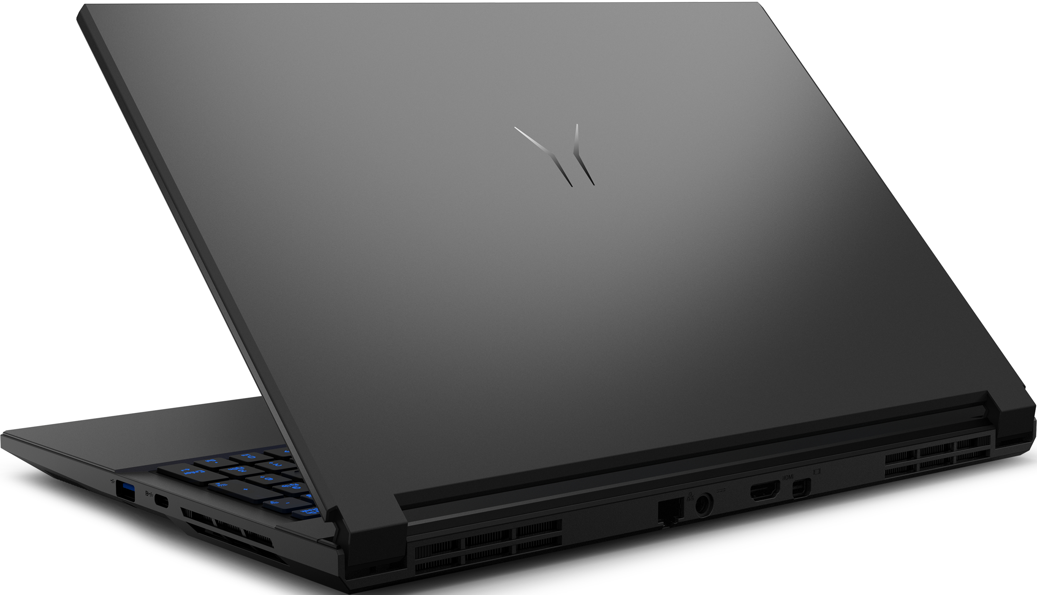 Rückansicht eines schwarzen Laptops mit Erazer-Logo und Anschlüssen an den Seiten.