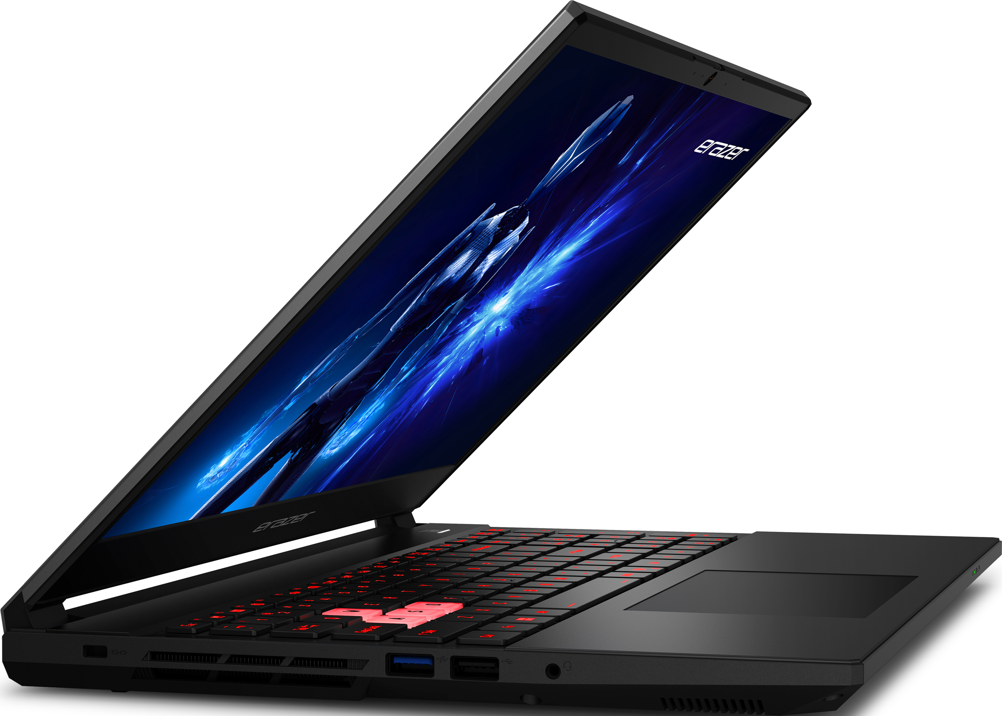 Schwarzer Laptop mit offenem Bildschirm, der eine blaue Figur zeigt. Rote Hintergrundbeleuchtung. Erazer-Logo.
