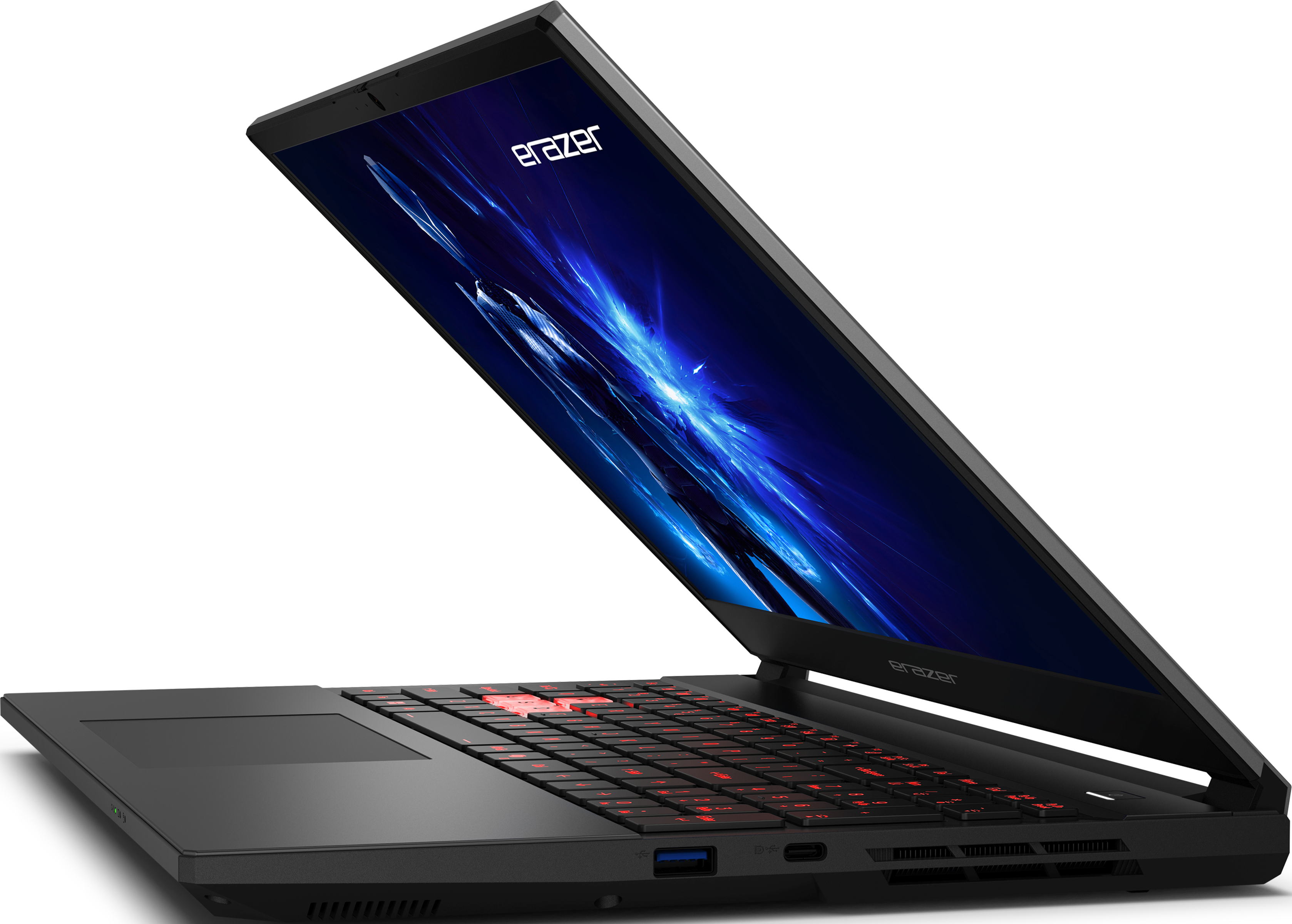 Schwarzer Laptop mit offenem Bildschirm, der eine blaue Figur zeigt. Rote Hintergrundbeleuchtung. Erazer-Logo.