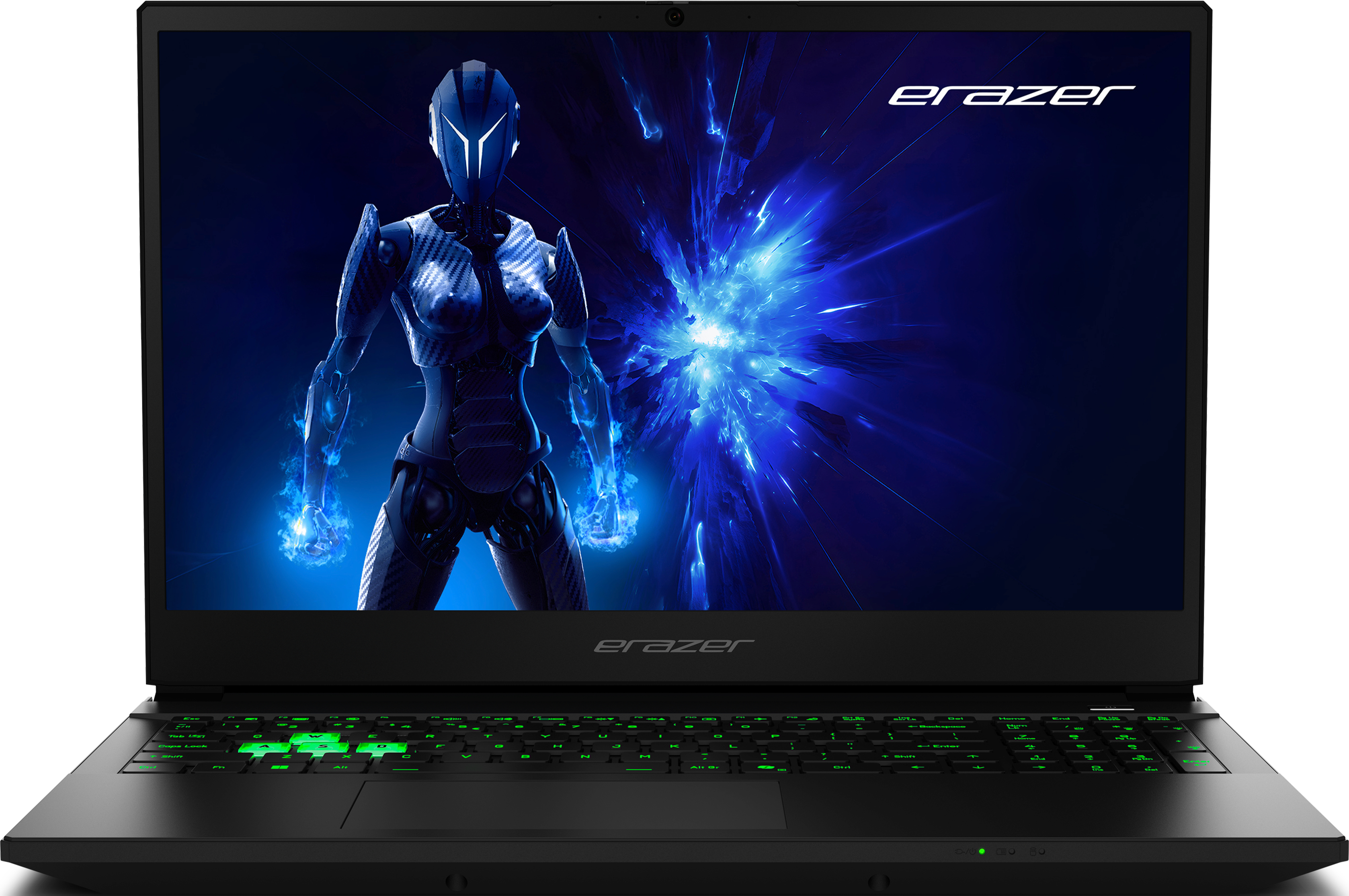 Schwarzer Laptop mit futuristischer Figur auf dem Bildschirm. Tastatur mit grüner Hintergrundbeleuchtung. Erazer.