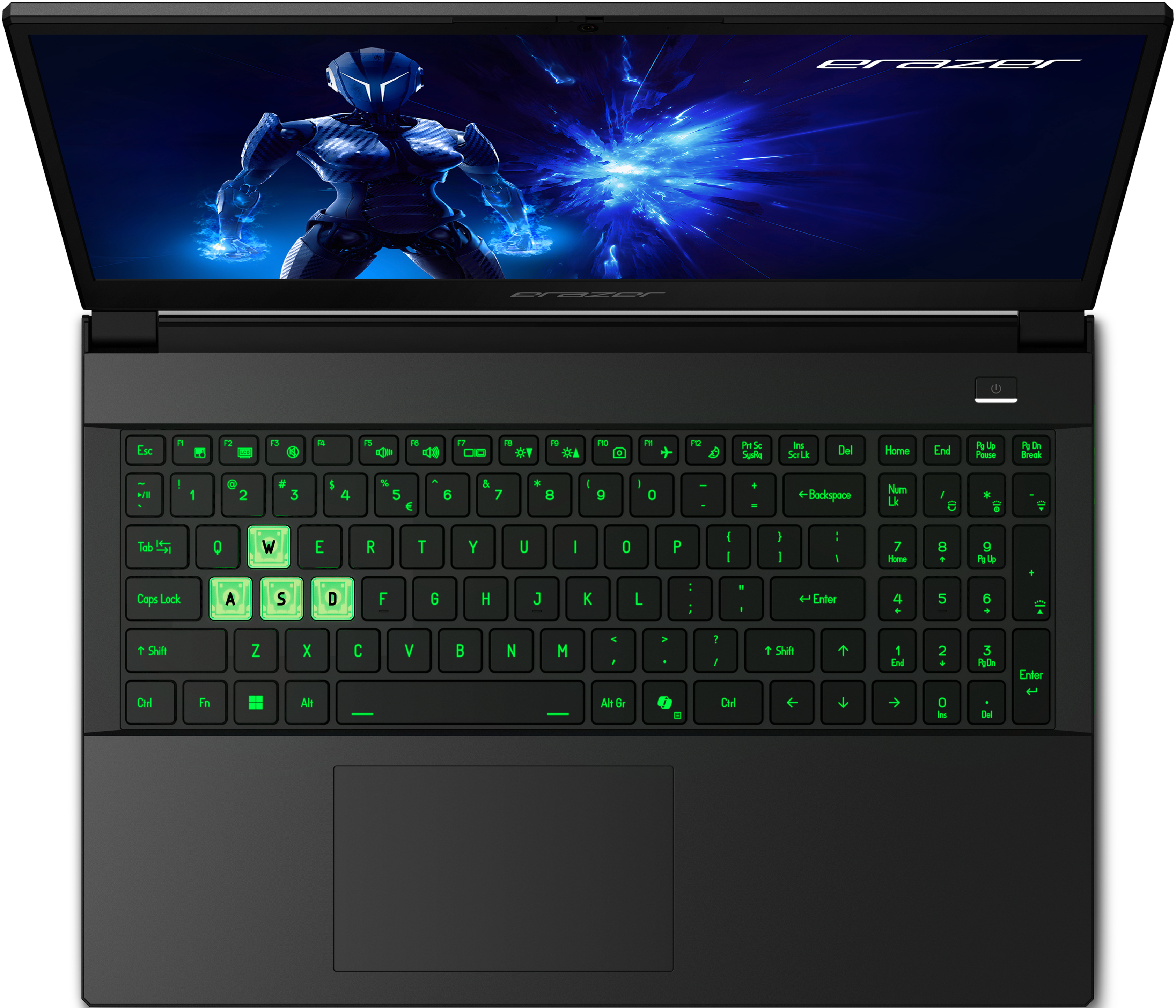 Draufsicht auf eine schwarze Laptop-Tastatur mit grün beleuchteten Tasten. Die Marke Erazer wird angezeigt.