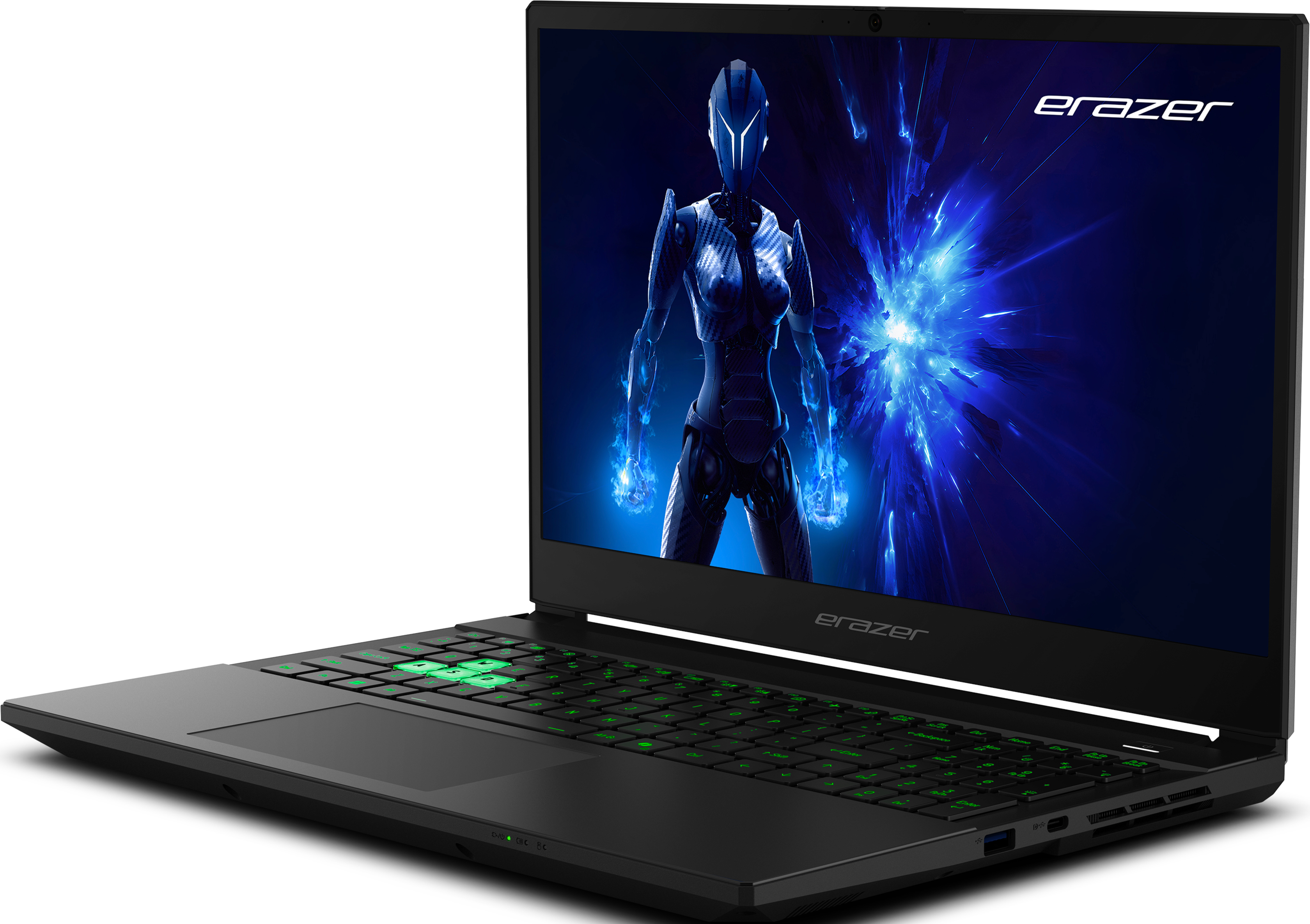 Schwarzer Laptop mit futuristischer Figur auf dem Bildschirm. Tastatur mit grüner Hintergrundbeleuchtung. Erazer.