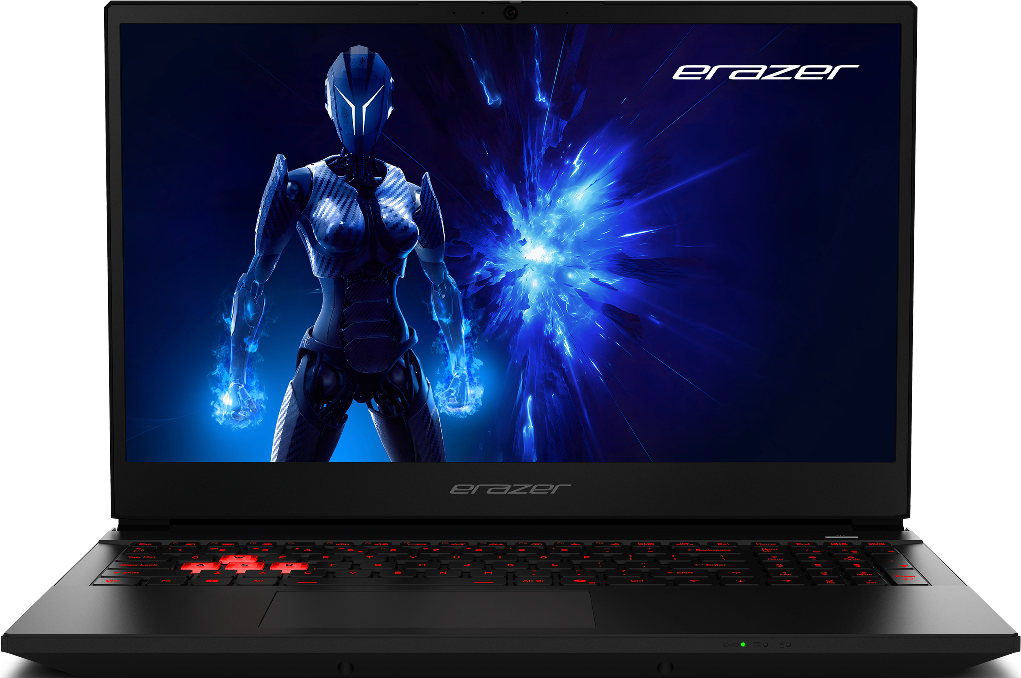 Schwarzer Laptop mit futuristischer Figur auf dem Bildschirm. Tastatur mit roter Hintergrundbeleuchtung. Erazer.