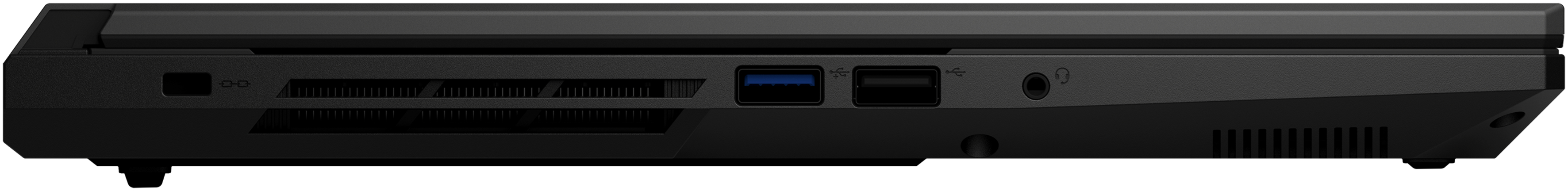 Nahaufnahme der Seite eines schwarzen Laptops mit verschiedenen Anschlüssen und Lüftungsschlitzen.