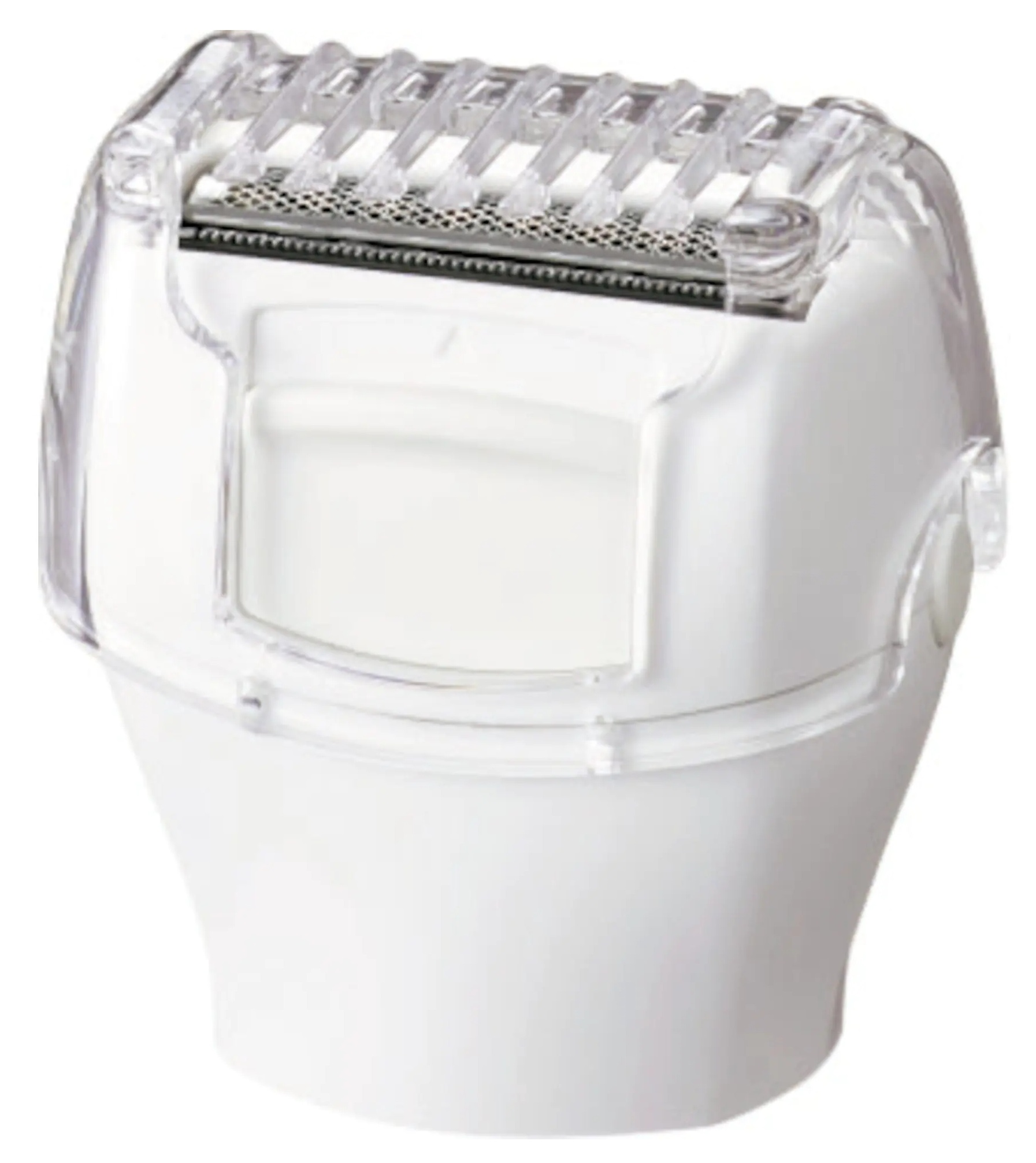 Biała głowica goląca z przezroczystą plastikową osłoną.