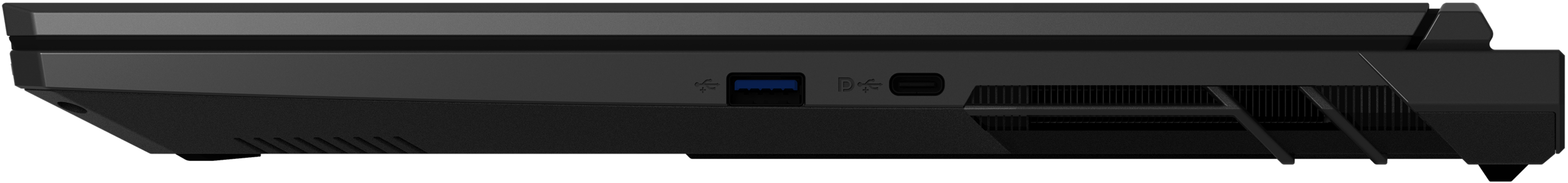 Vue latérale d'un ordinateur portable noir, montrant les ports: USB, USB-C et ventilation.
