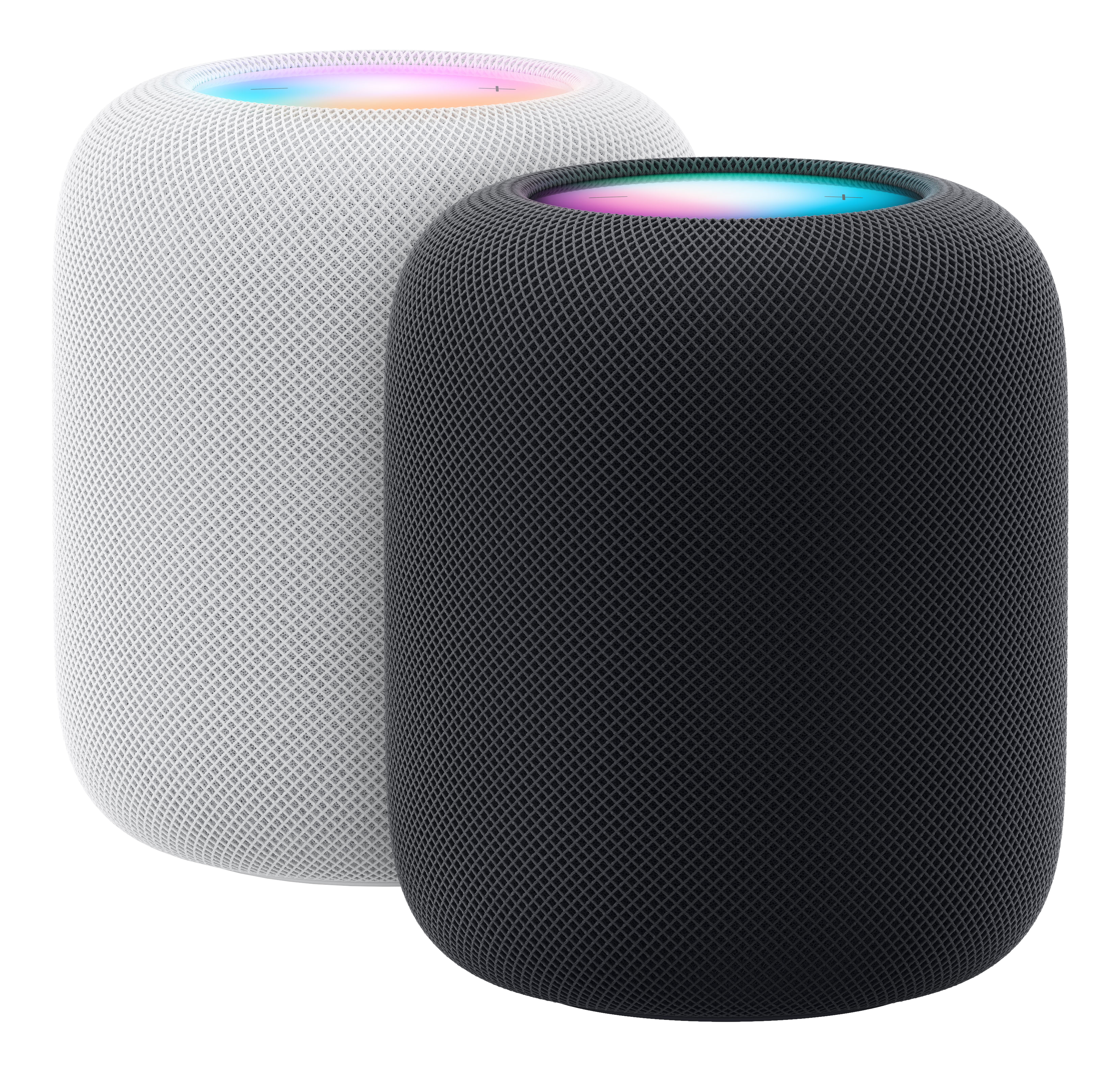 Zwei Apple HomePod-Lautsprecher, einer weiß, einer schwarz, beide mit Mesh-Design und leuchtenden Oberseiten.