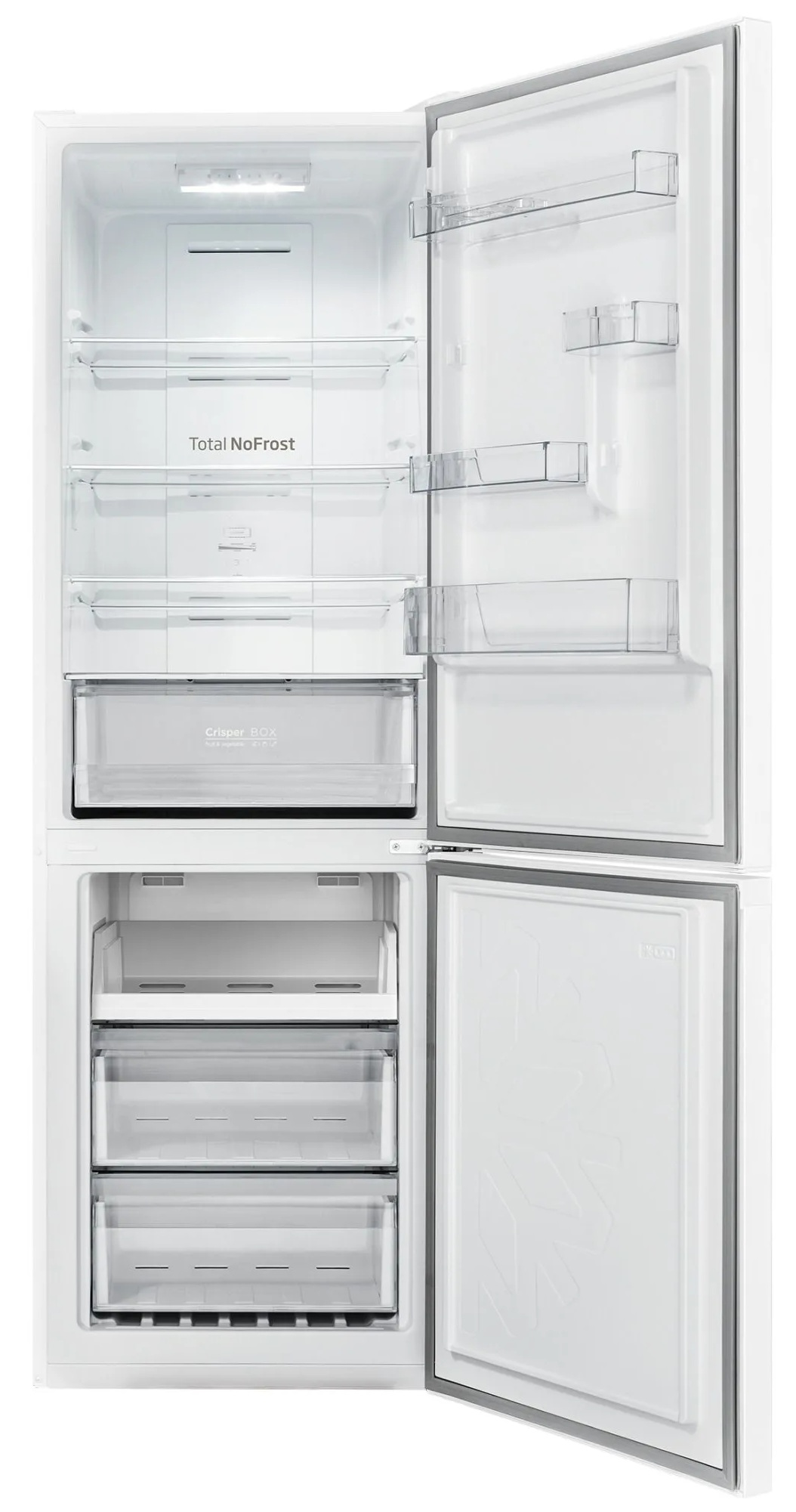 Biała lodówka Amica, otwarta, z półkami, szufladami i oświetleniem wewnętrznym.