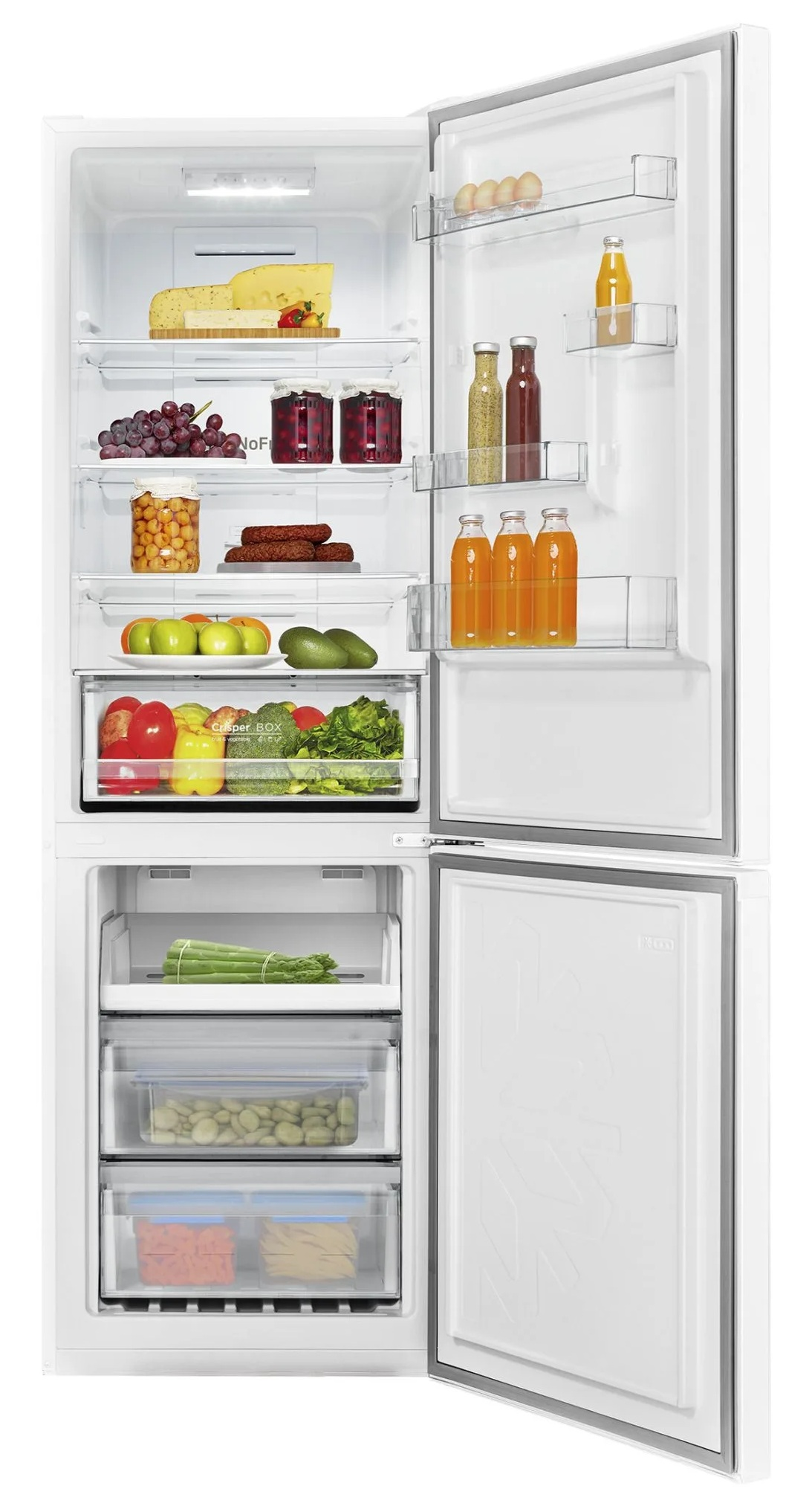 Wnętrze lodówki Amica, wypełnione produktami spożywczymi na półkach i w szufladach.