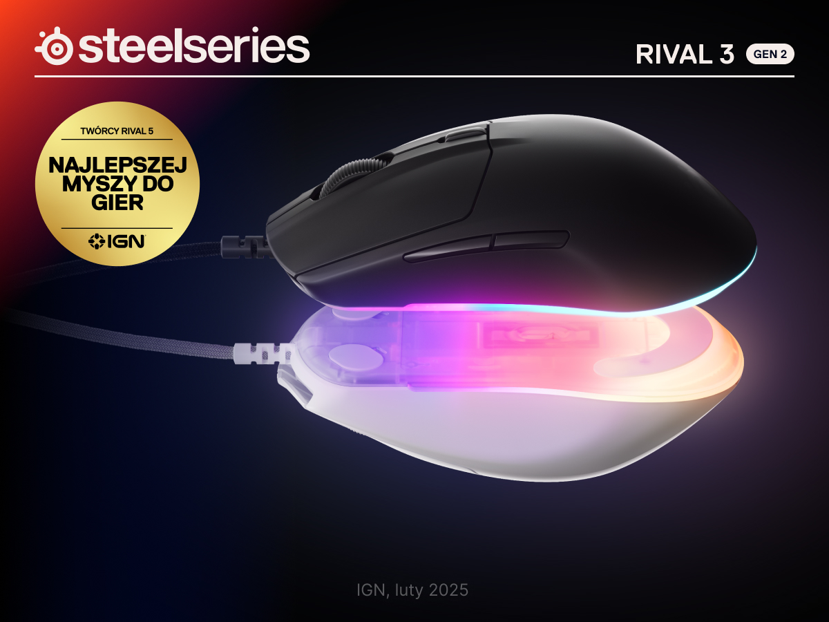 Mysz gamingowa SteelSeries Rival 3 Gen 2, czarna na odblaskowej powierzchni.