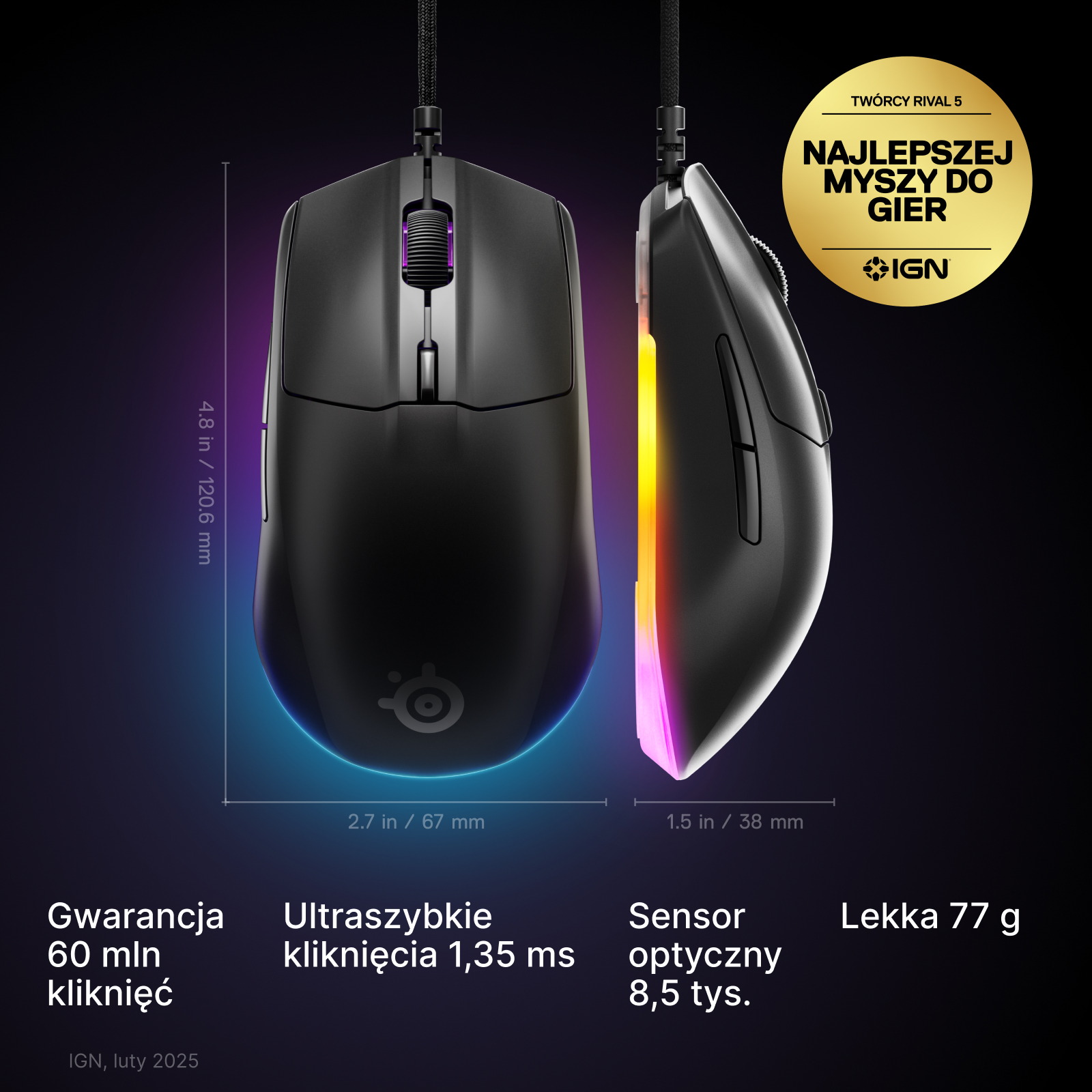 Wymiary i cechy myszy SteelSeries Rival 3 Gen 2.
