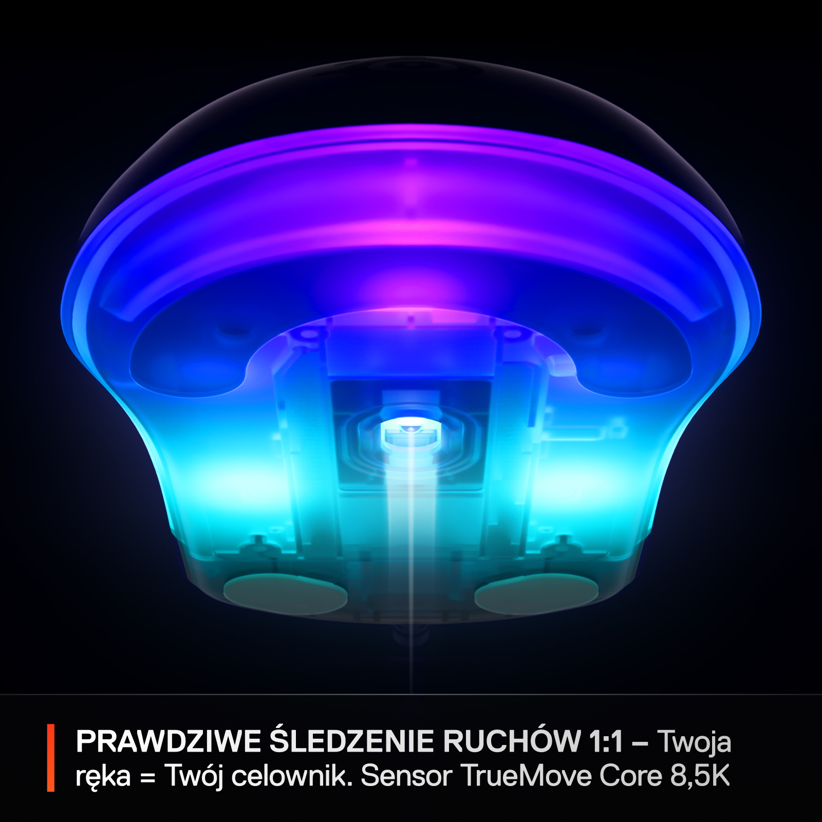 Mysz SteelSeries Rival 3 Gen 2, spód z świecącą diodą LED.