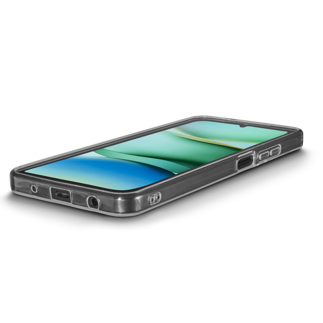 Ein Smartphone in einer transparenten Hülle, die die Seite mit Tasten und Anschlüssen zeigt.