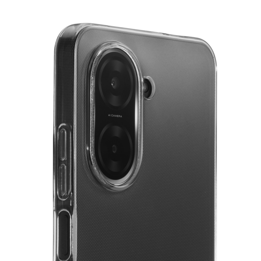 Nahaufnahme des Kameramoduls eines Smartphones in einer durchsichtigen Hülle.
