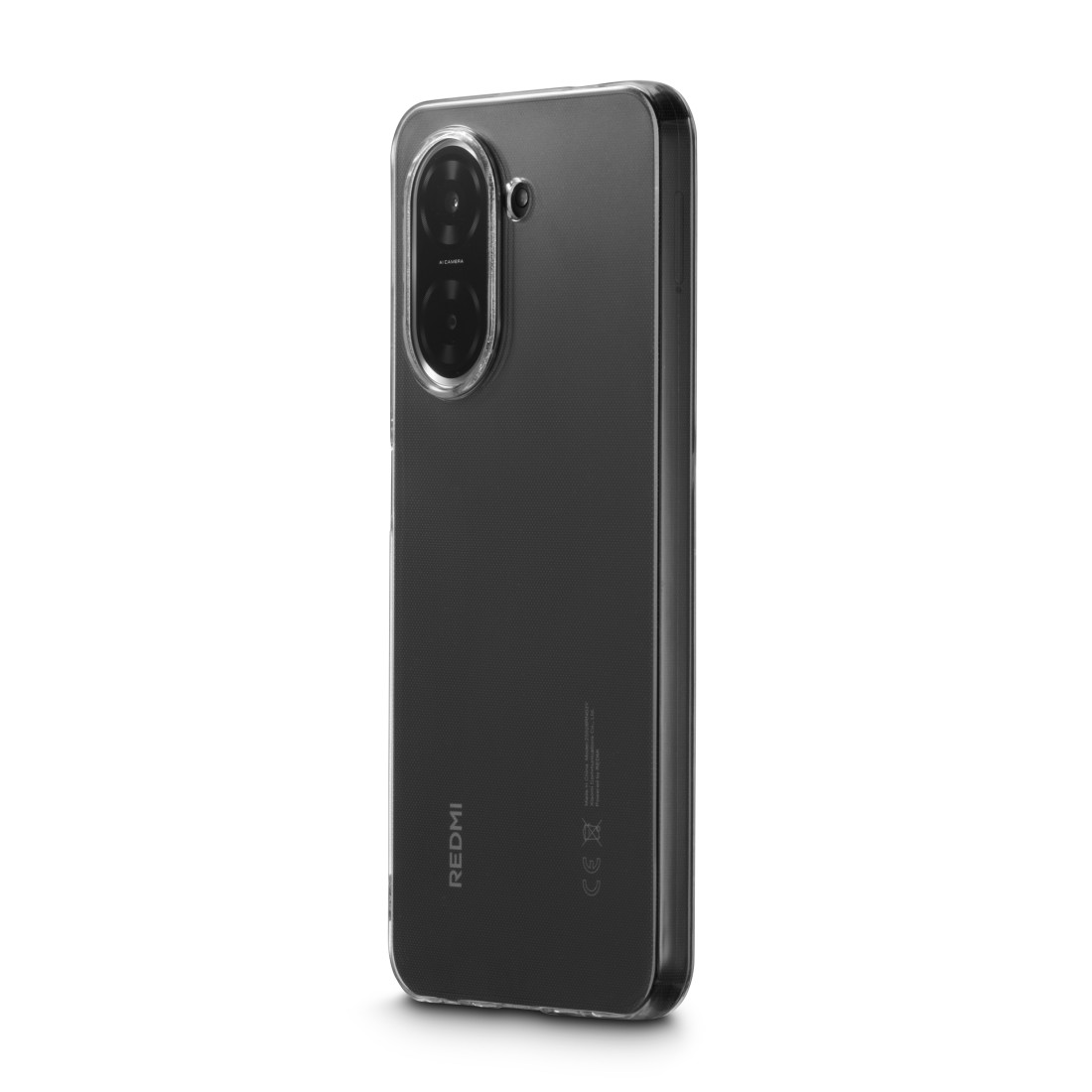 Schwarzes Smartphone in einer durchsichtigen Hülle, mit Kamera und Redmi-Logo.