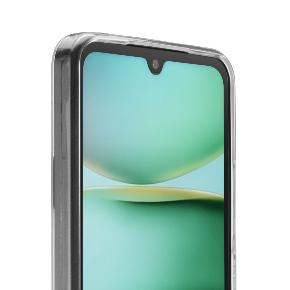 Nahaufnahme des Bildschirms eines Smartphones und einer durchsichtigen Hülle.
