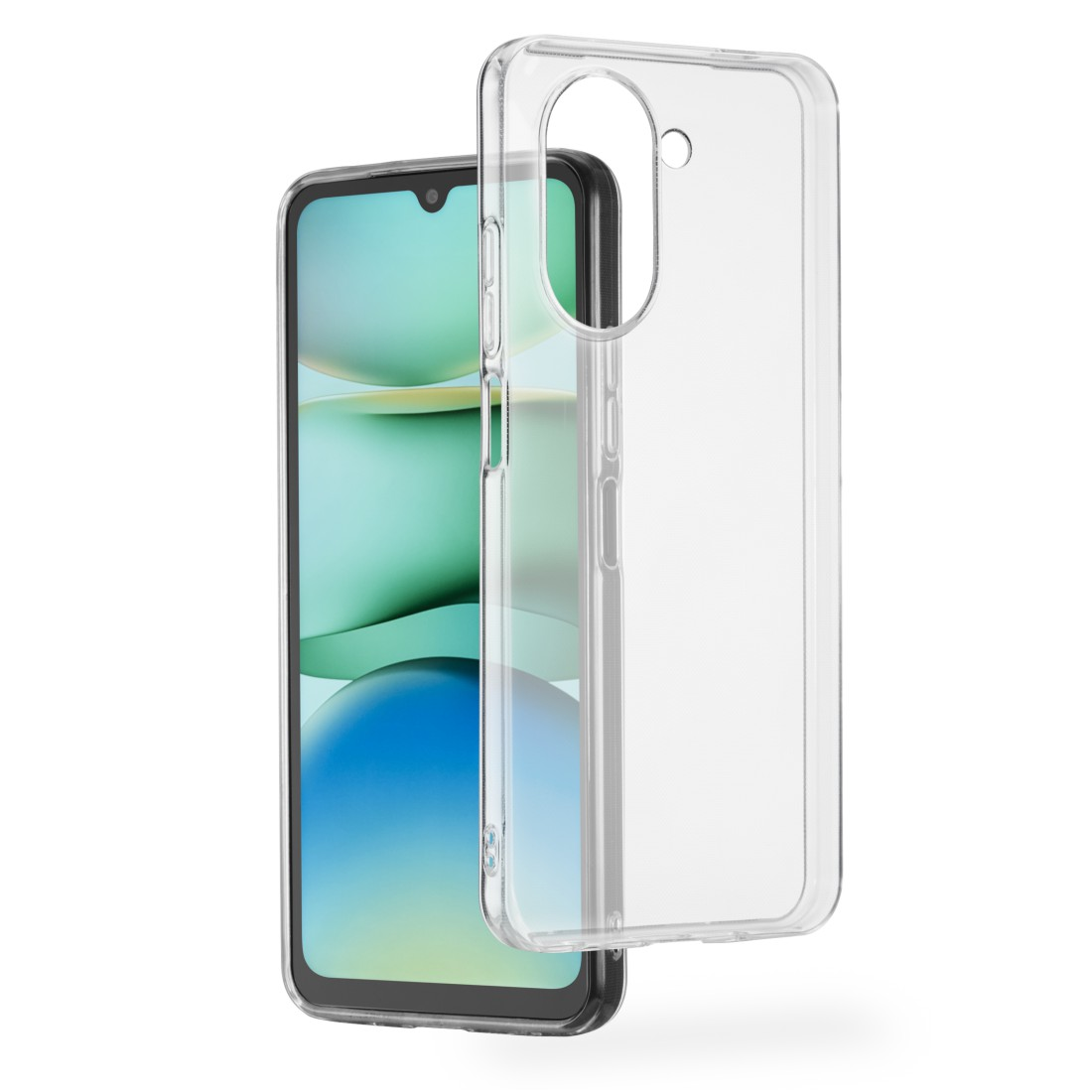 Smartphone und transparente Hülle, Hülle leicht vom Telefon entfernt.