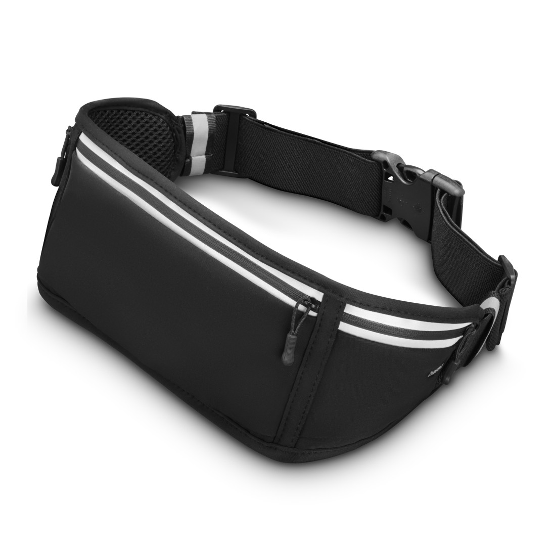 Eine schwarze Bauchtasche mit weißen Streifen, einer Schnalle und einem Reißverschluss auf weißem Hintergrund.