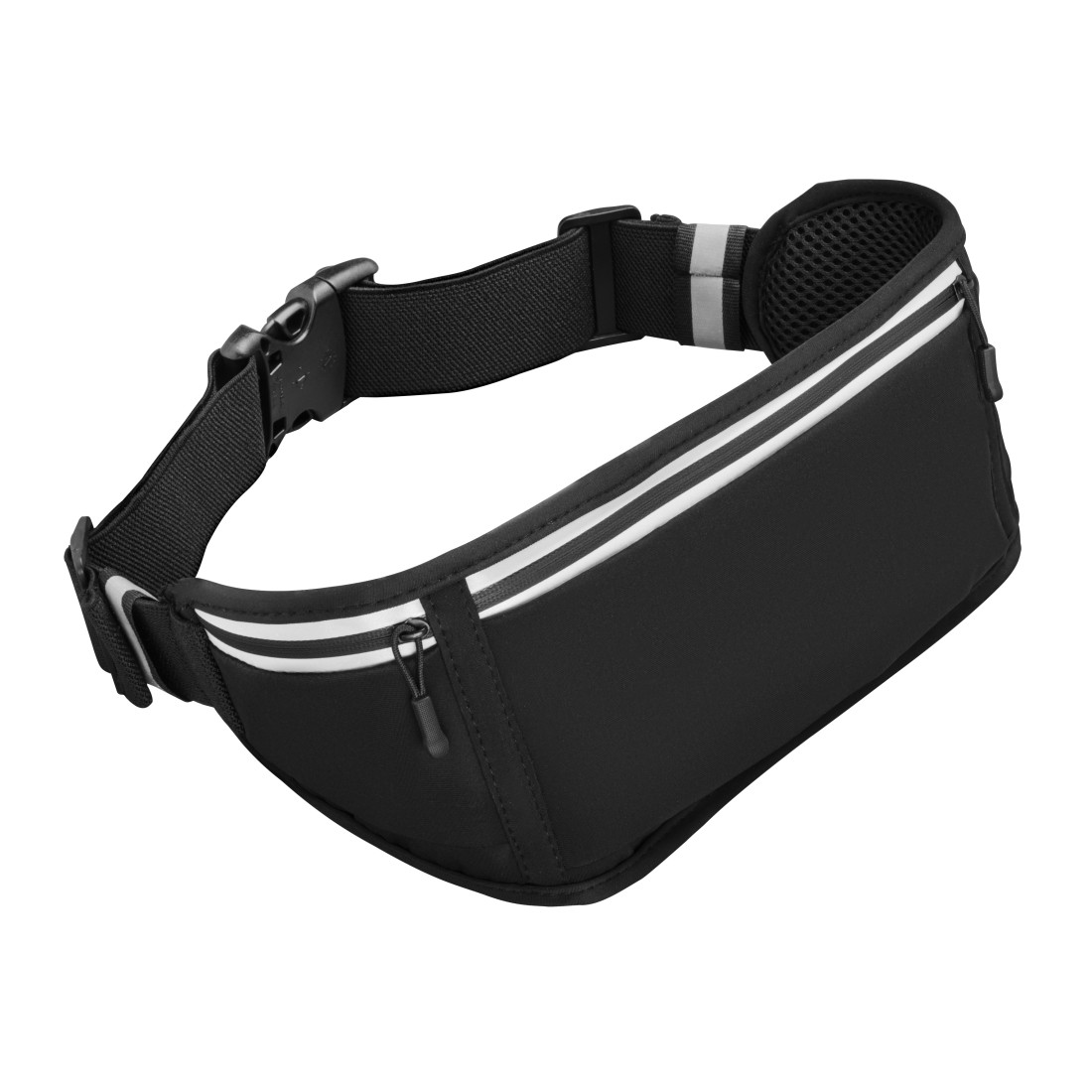 Eine schwarze Bauchtasche mit weißen Streifen, einer Schnalle und einem Reißverschluss auf weißem Hintergrund.