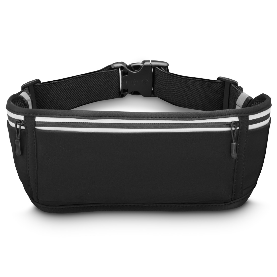 Eine schwarze Bauchtasche mit weißen Streifen, einer Schnalle und einem Reißverschluss auf weißem Hintergrund.