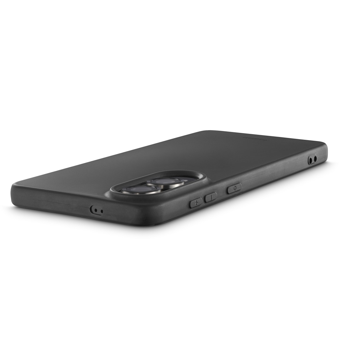 Schwarzes Telefon mit Kamera und Knöpfen auf weißem Hintergrund.