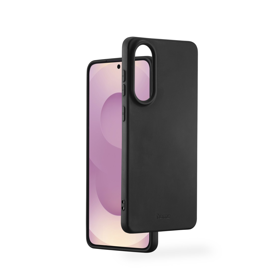 Schwarzes Telefon in schwarzem Gehäuse, neben Telefonbildschirm mit rosa Hintergrund.