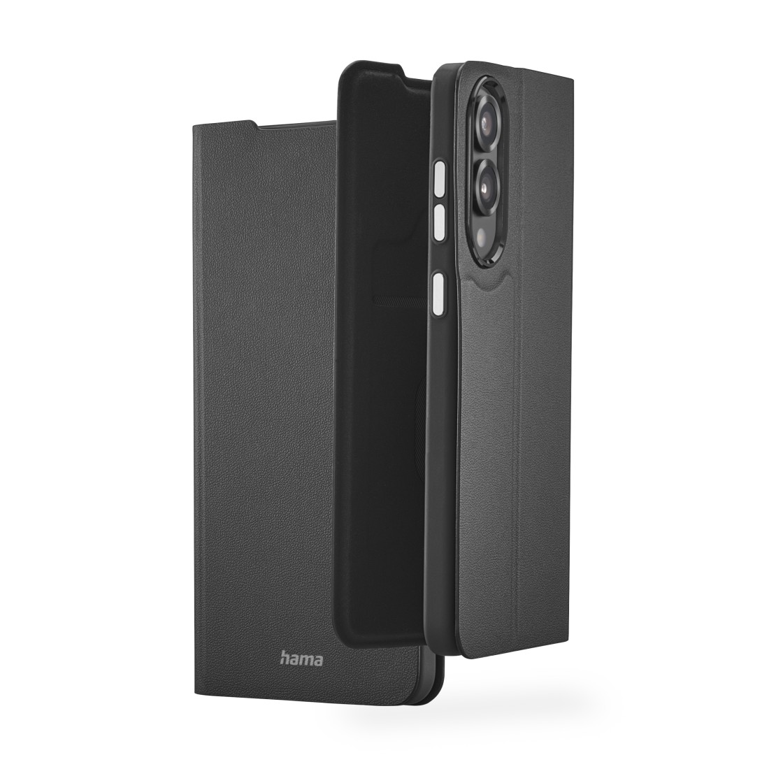 Schwarze Handyhülle mit Telefon, geöffnet.